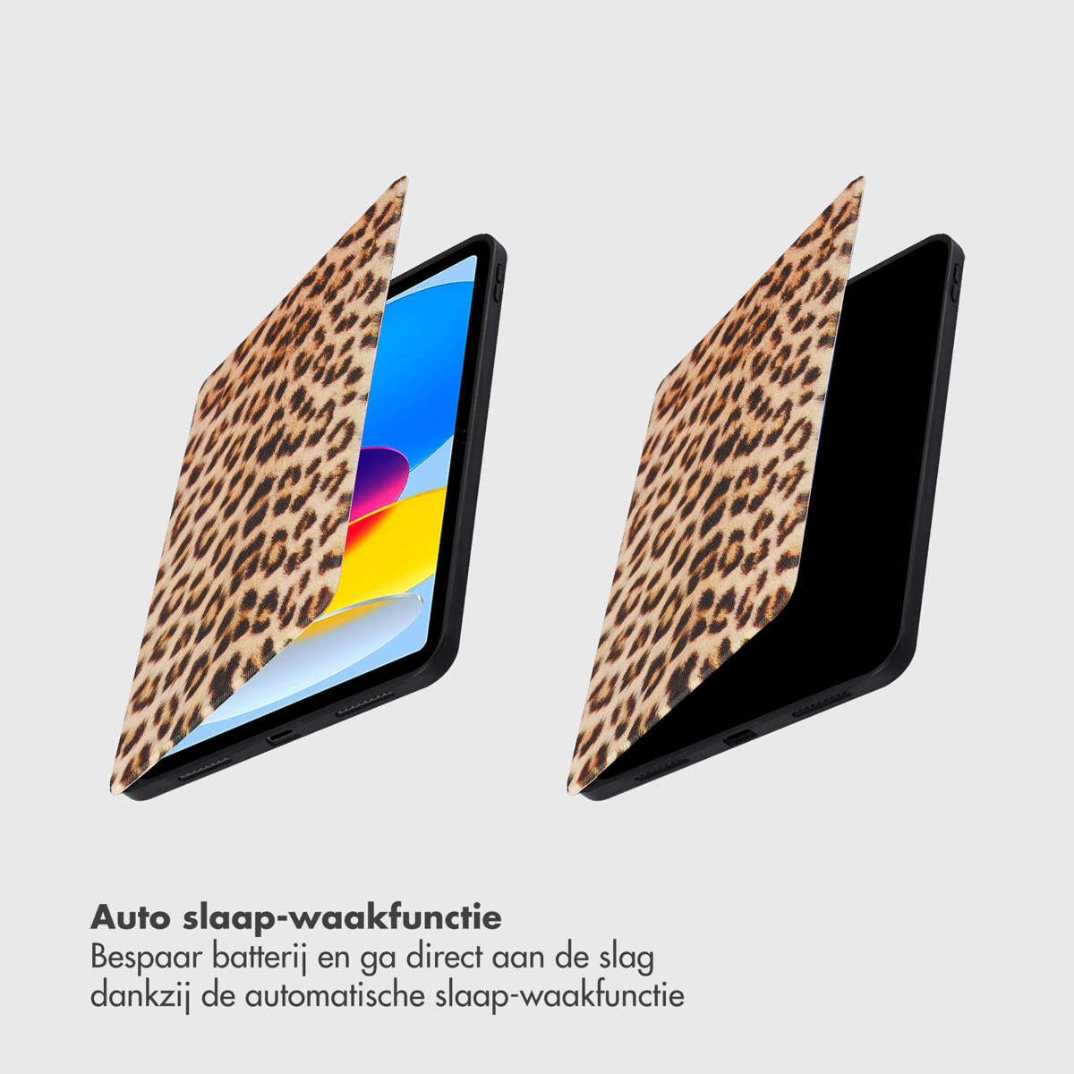 Two tablets with leopard print cases, opened. Text: Auto sleep-wake function. Saves battery and goes right to work.