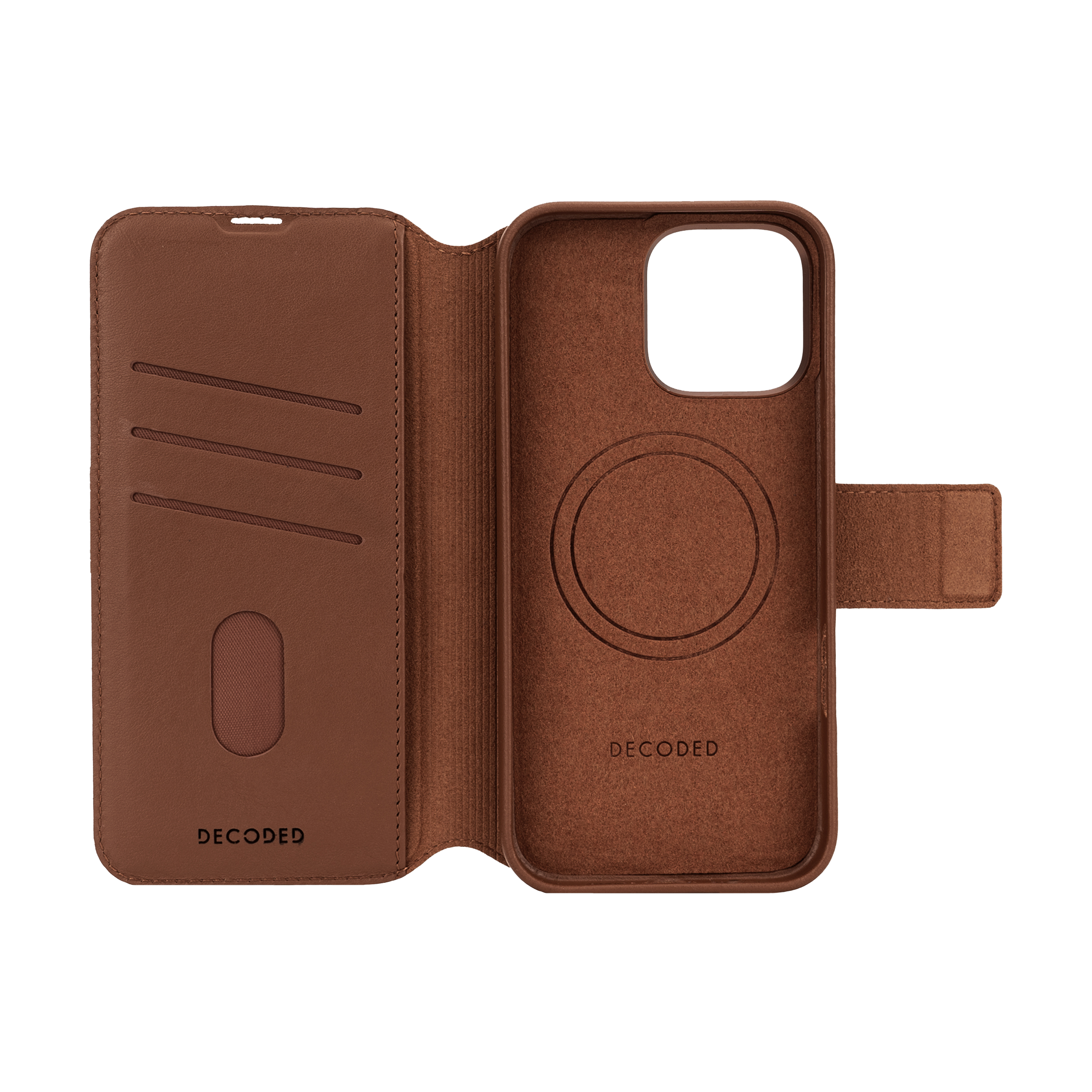 Een bruine leren telefoonhoes met kaartsleuven en een magnetische sluiting.