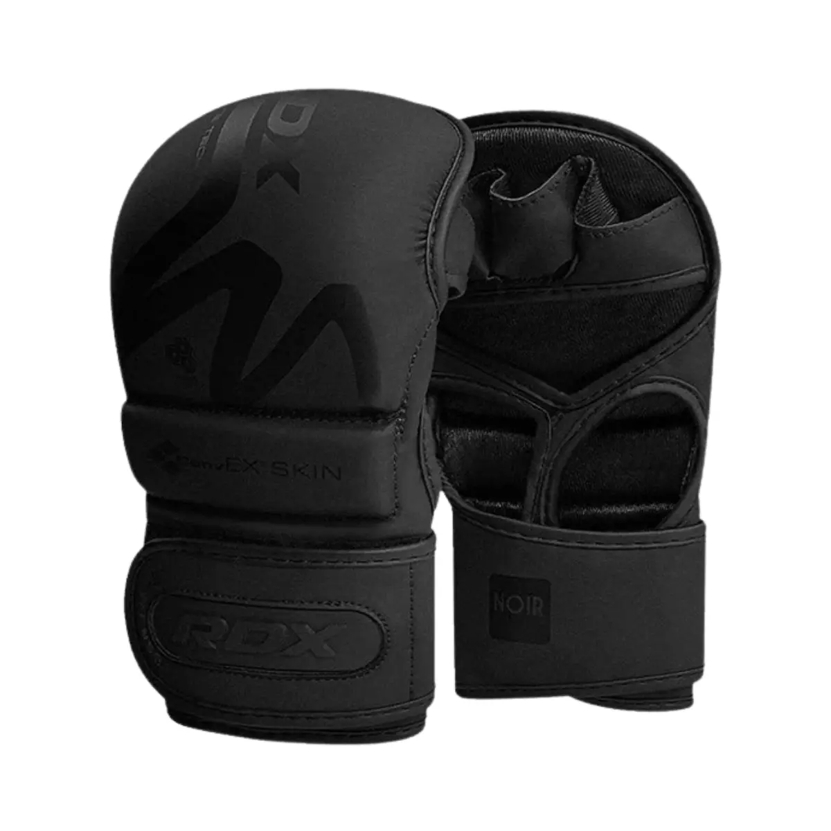 Zwarte MMA-handschoenen met RDX- en Noir-branding.