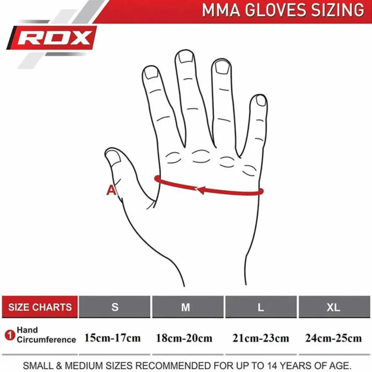 MMA-handschoenen maattabel met handomtrekmetingen voor verschillende handschoenmaten.