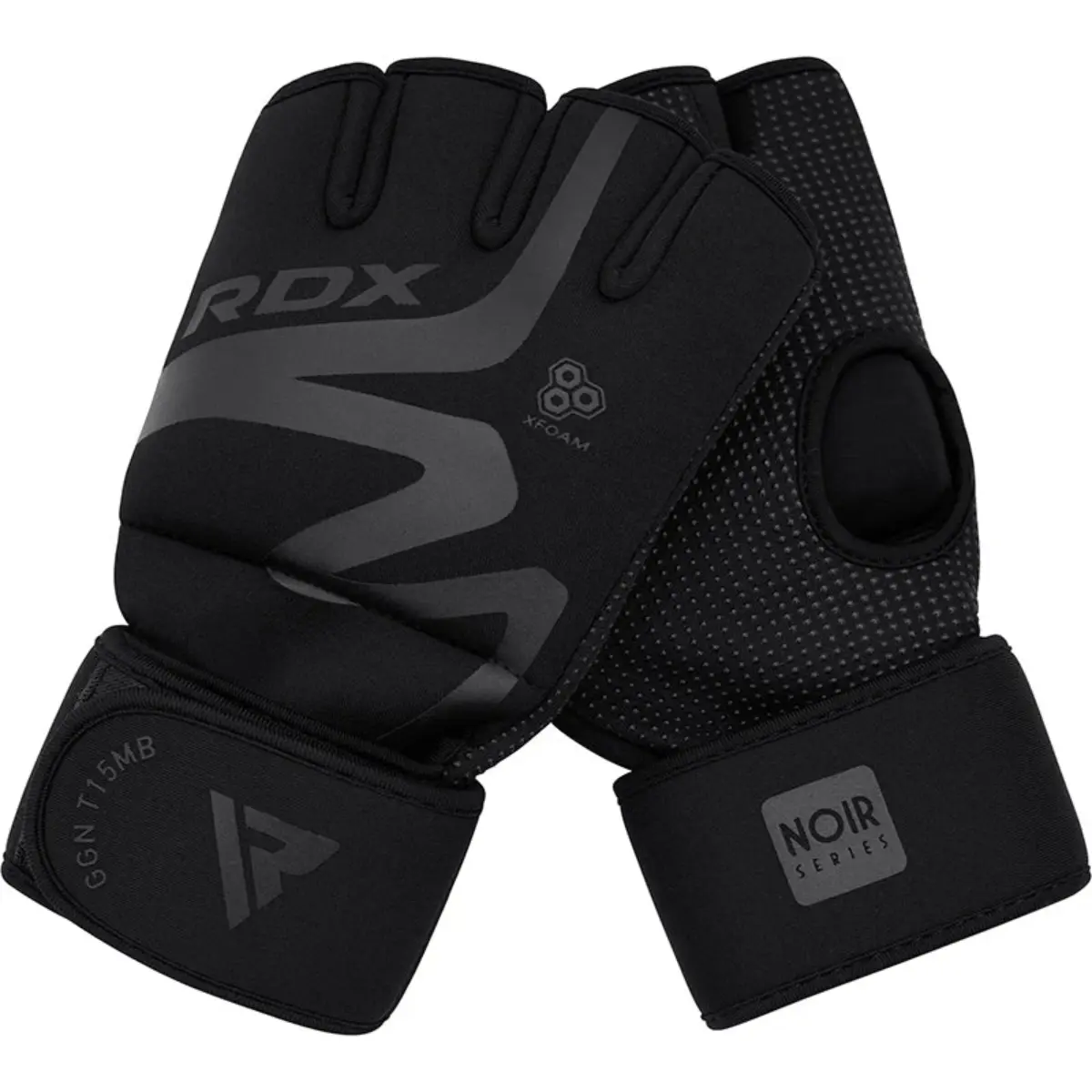 Gants de MMA noirs avec le logo RDX et 'NOIR SERIES'. Fond blanc.