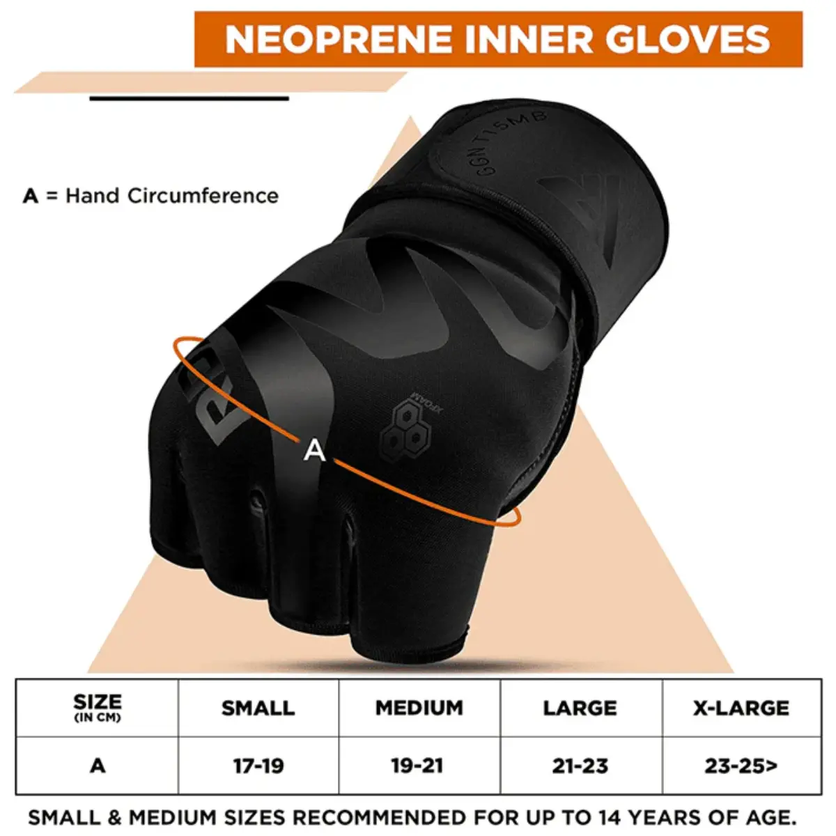 Gants intérieurs en néoprène noirs. Tableau des tailles avec tour de main en cm.