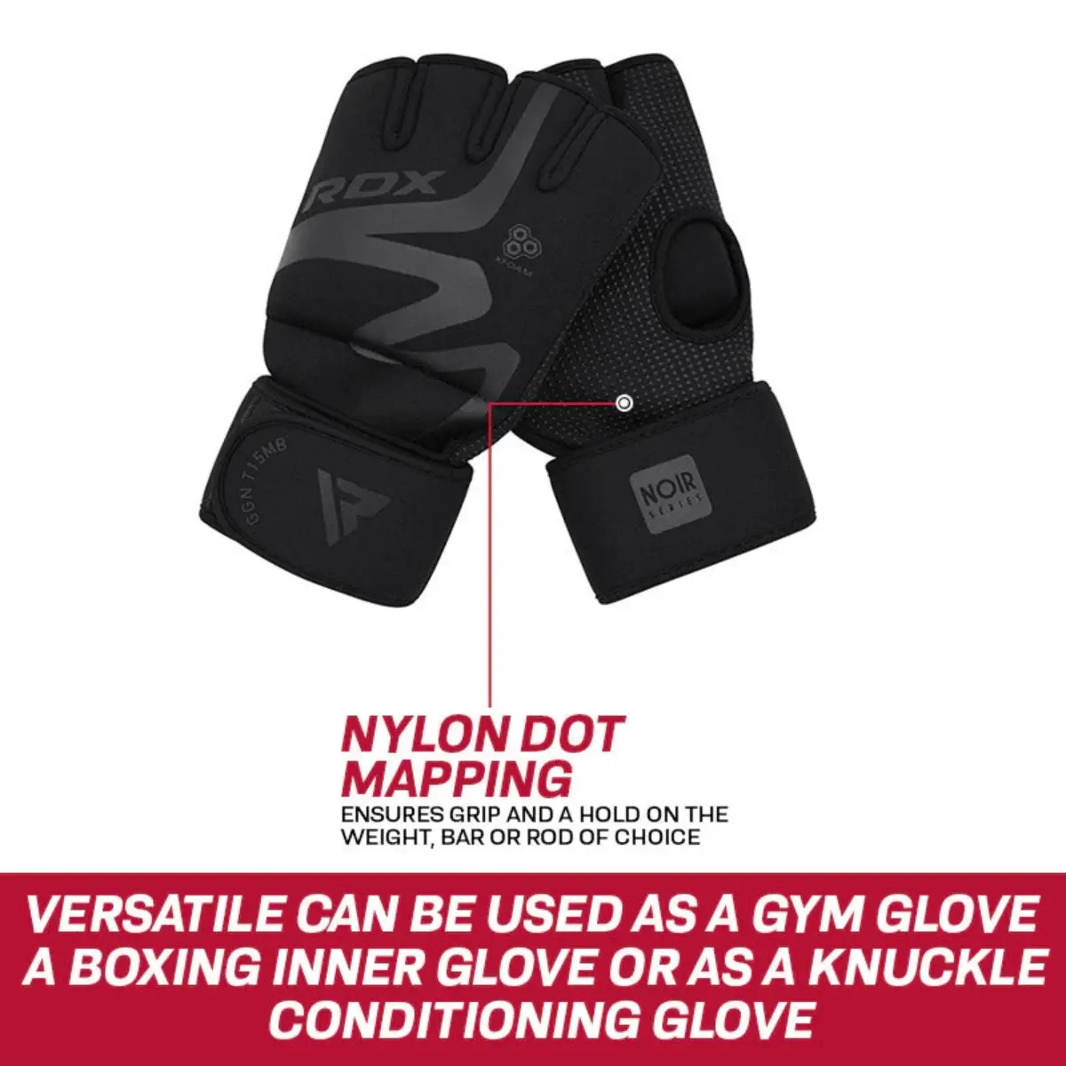 Gants MMA noirs avec logo RDX. Superposition de texte : cartographie des points en nylon.