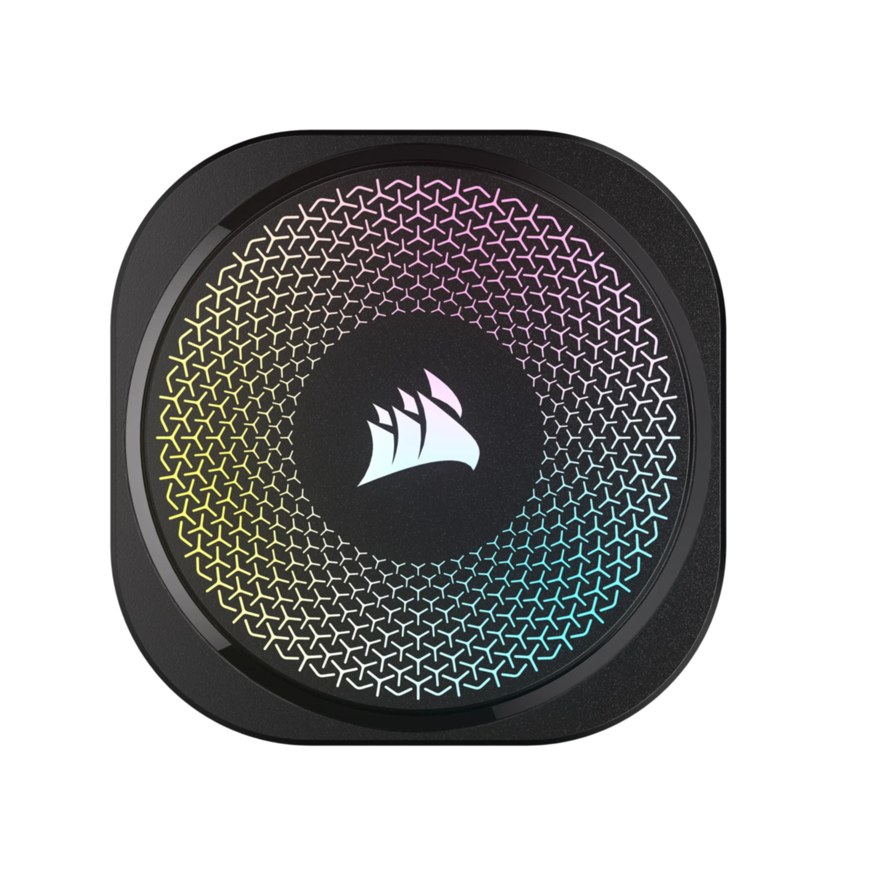 Okrągły, czarny wentylator komputerowy Corsair z kolorowym, wzorzystym wyświetlaczem świetlnym. Jest na białym tle.