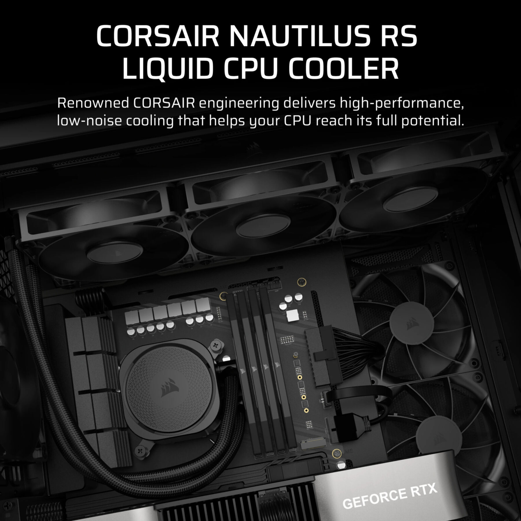 Interior de una caja de ordenador con un refrigerador líquido de CPU y varios componentes visibles.