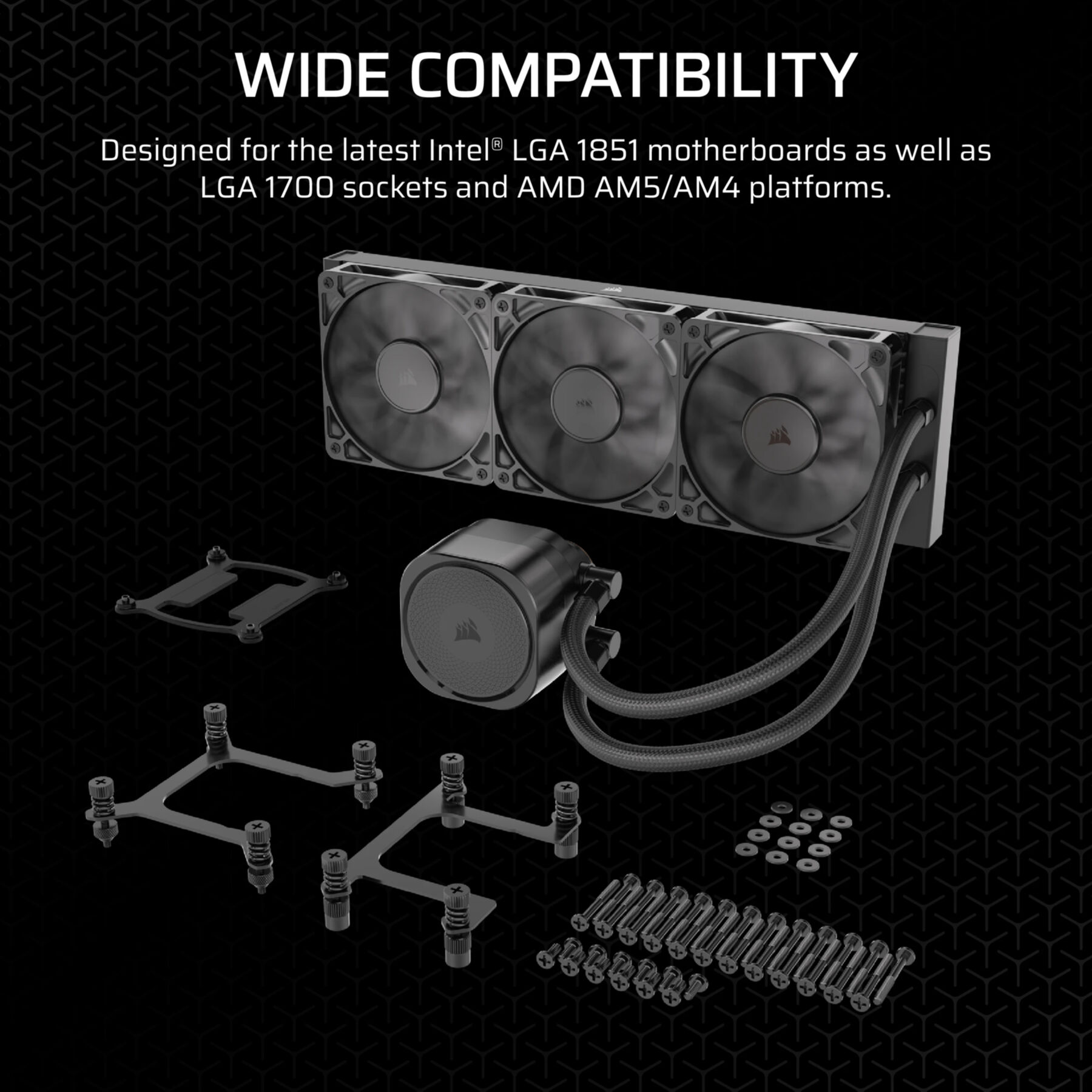 Sistema de enfriamiento de computadora negro con tres ventiladores, tuberías y componentes. Texto: Amplia compatibilidad.