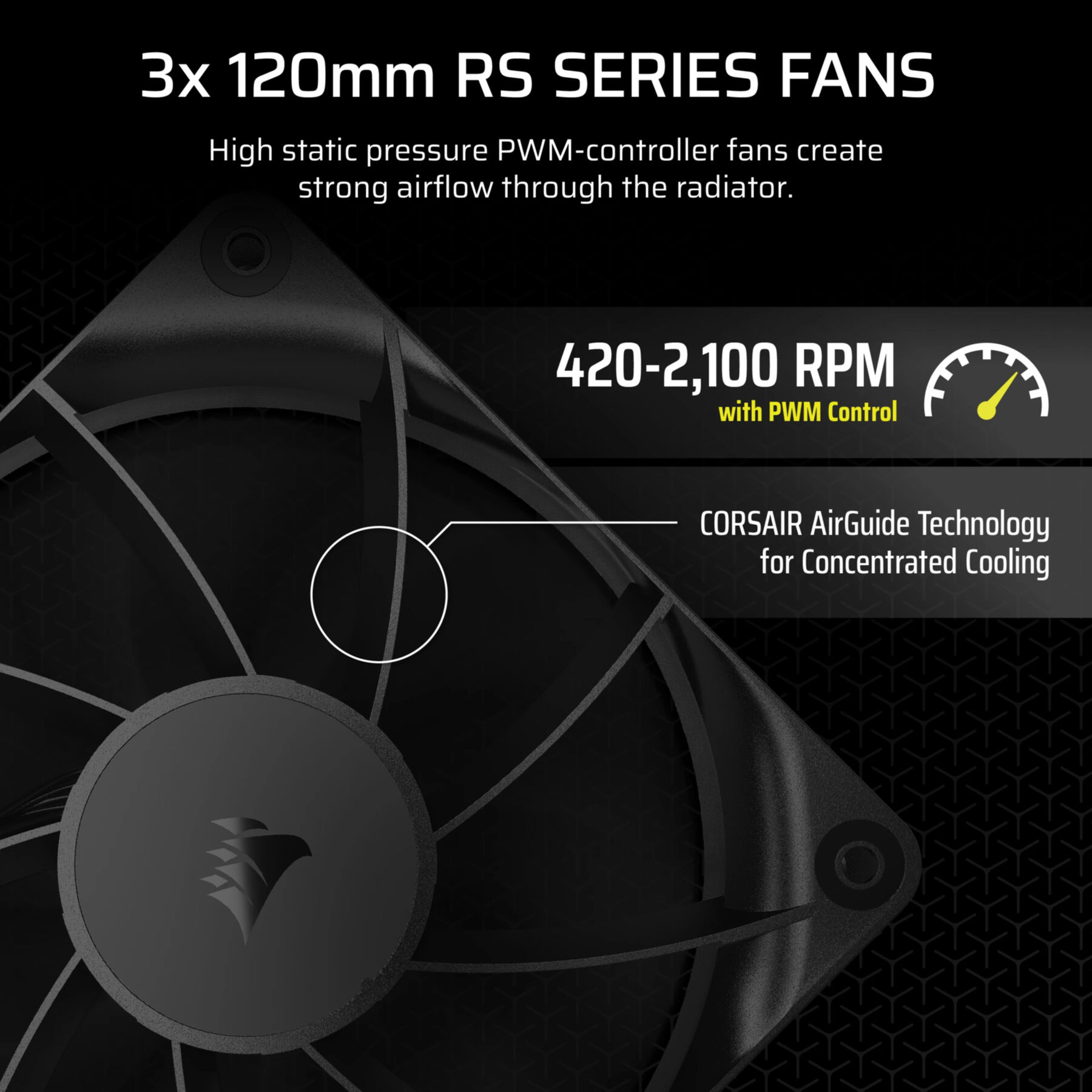 Ventilador de ordenador negro con texto. Tecnología Corsair AirGuide. 420-2100 RPM.