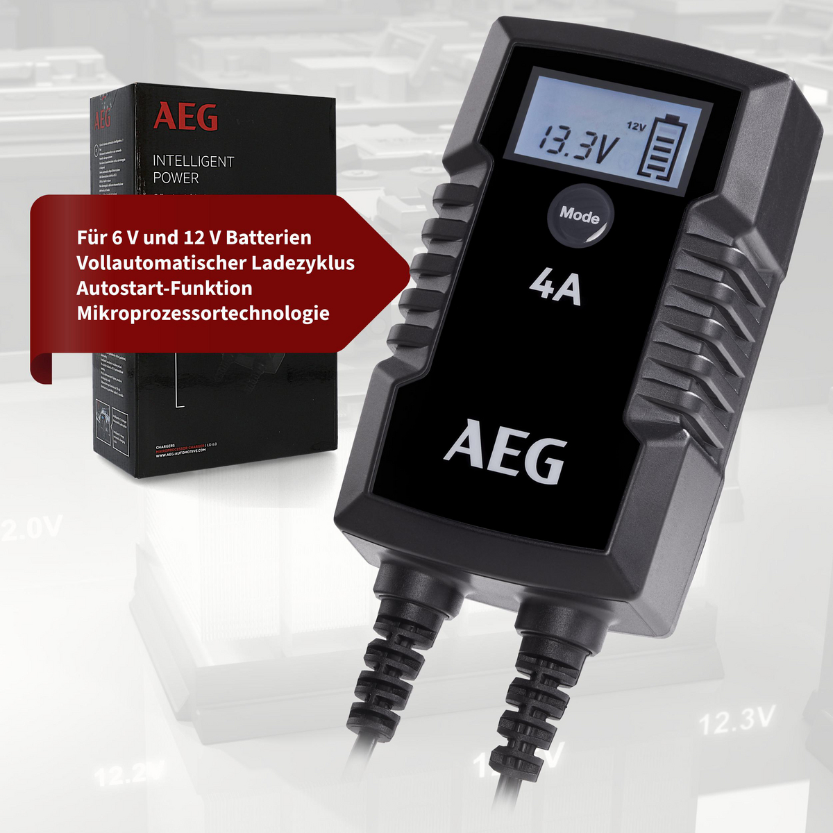 AEG Batterieladegerät mit Display. Zeigt Spannung und Strom an. Eine Box mit Text befindet sich links.