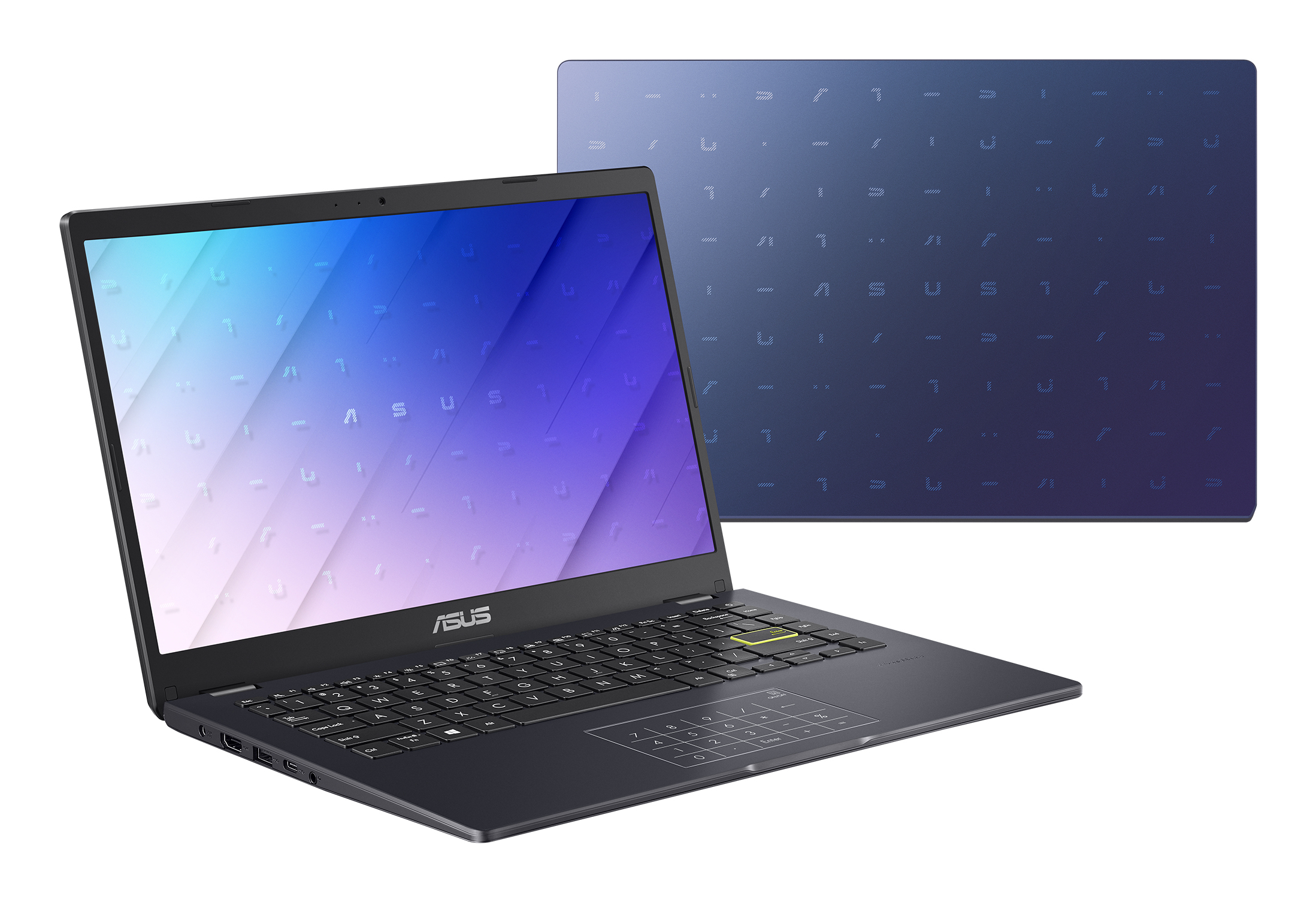 Laptop z ciemnoszarą obudową i czarną klawiaturą. Pokrywa jest niebieska z powtarzającym się wzorem.