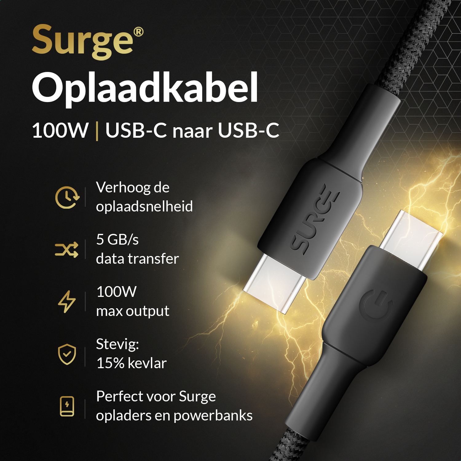 Close-up of a black USB-C charging cable with surge protection features highlighted in gold text.