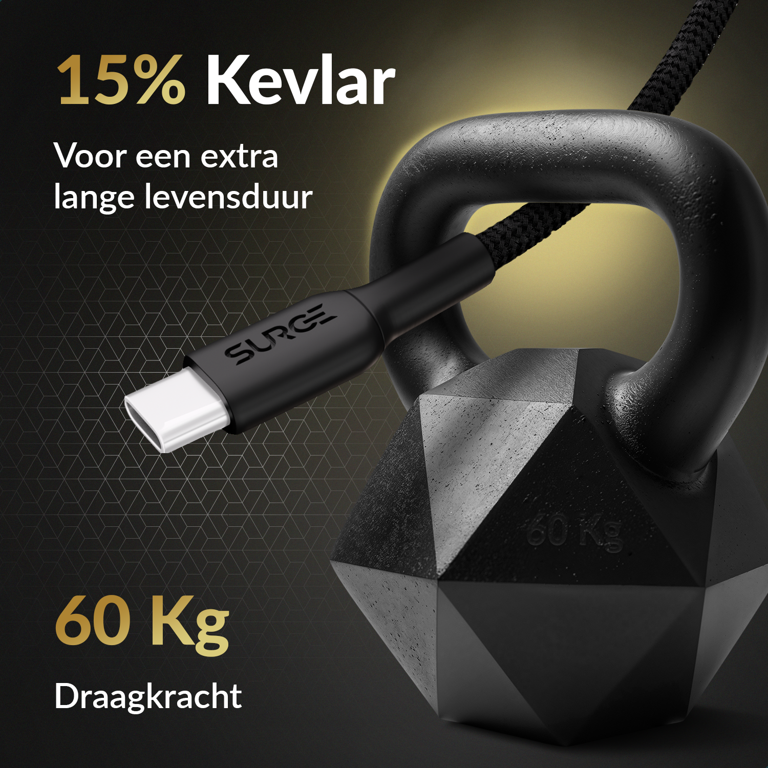 A black cable with a USB-C connector and a black kettlebell, with text about Kevlar.