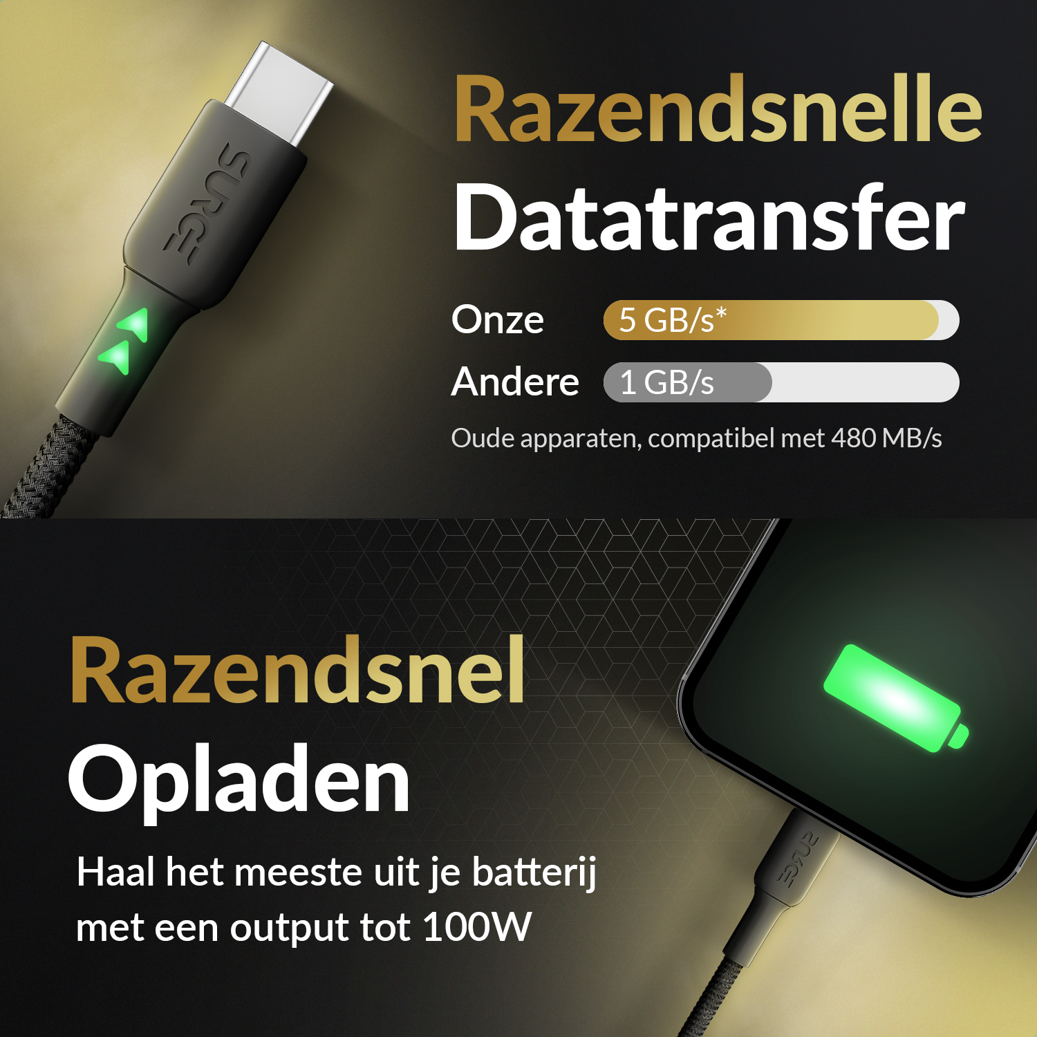 Black USB-C cable and phone with text. Data transfer 5 GB/s and charging up to 100W.