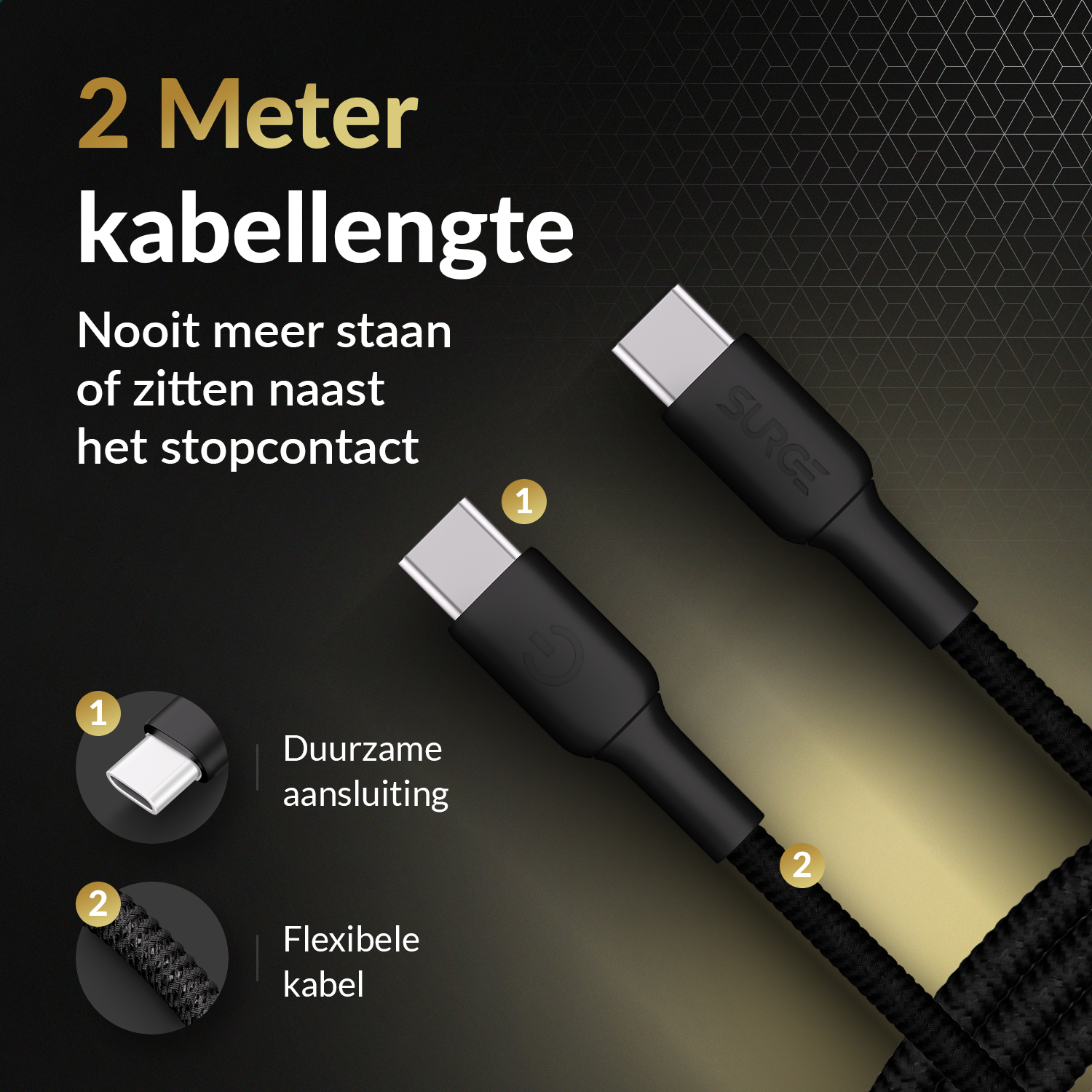 Black USB-C cables, text: 2 Meter cable length. Close-up of connectors and cable texture, gold background.