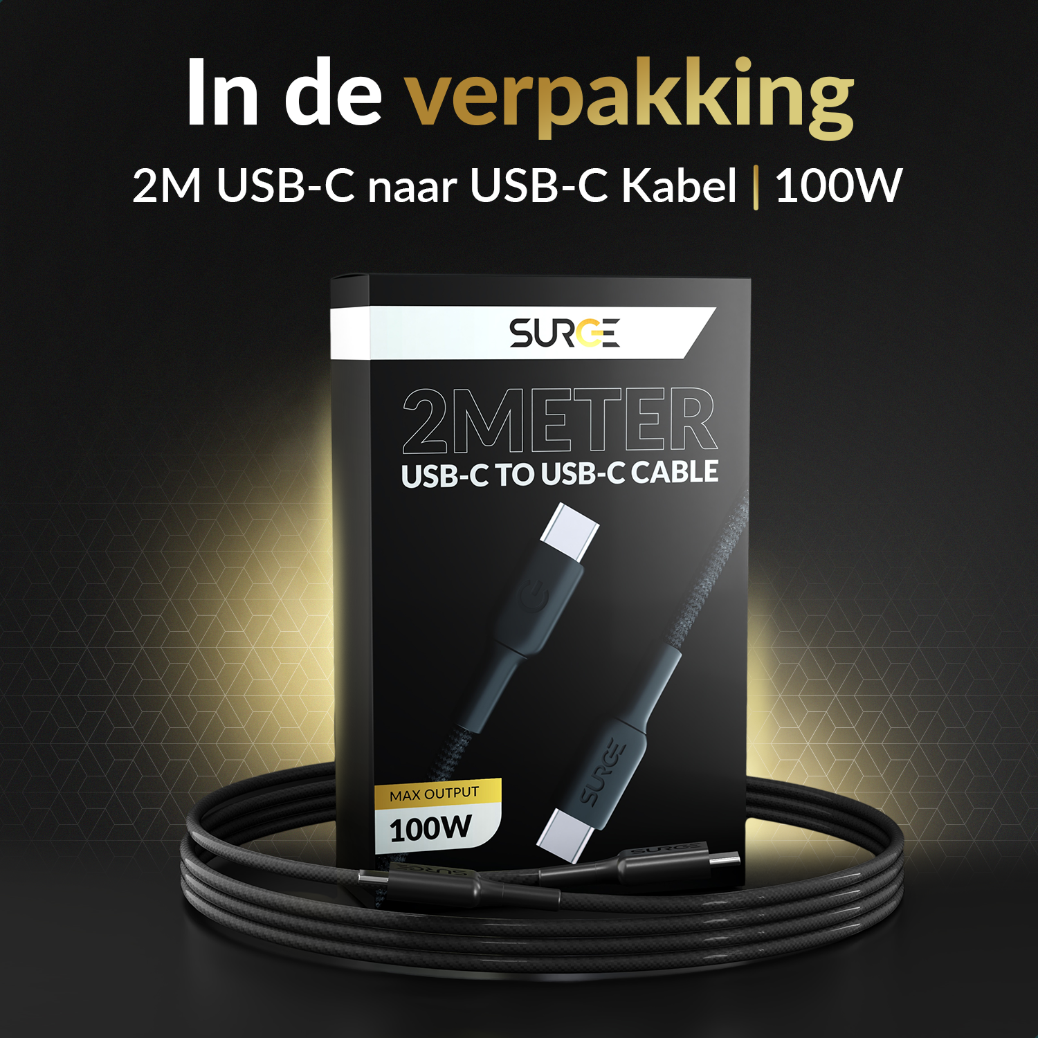 Packaging of a USB-C cable, featuring a black cable coiled around a box with gold accents.