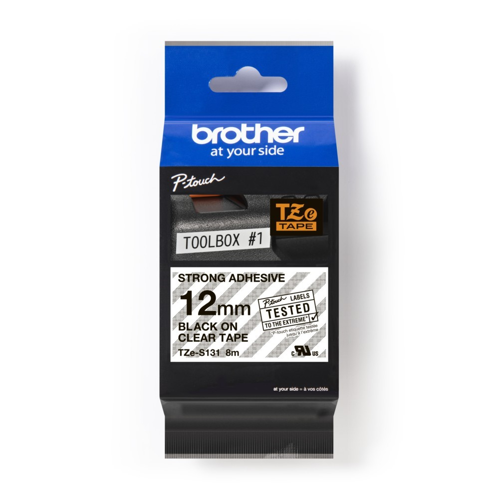 Una scatola di nastro per etichette in bianco e nero. La scatola ha un'etichetta bianca con la scritta 'BLACK ON CLEAR TAPE'.
