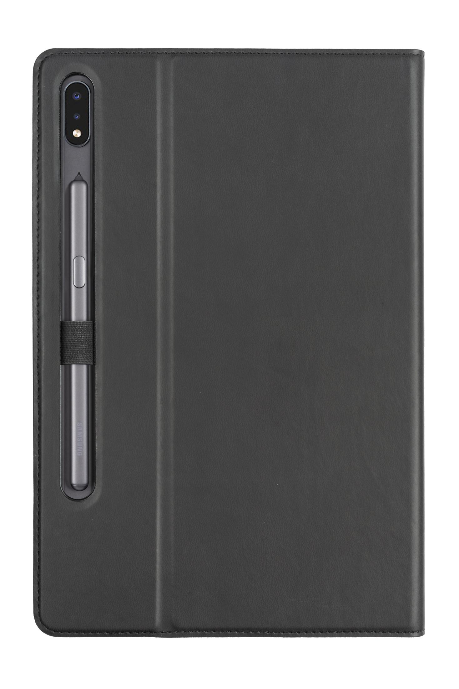 Eine schwarze Tablet-Hülle, mit einem S Pen-Stift in einem seitlichen Halter. Geschlossen, schwarzes Leder.
