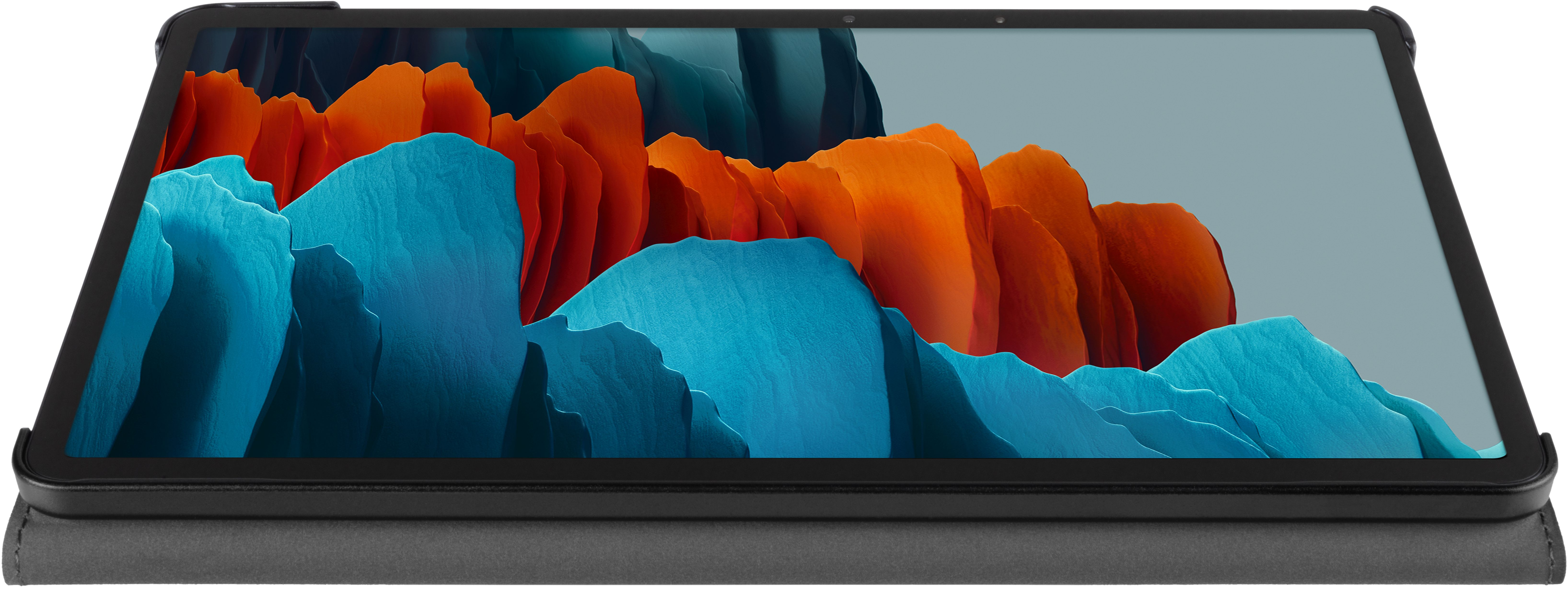 Tablet mit abstraktem Bildschirmkunstwerk in schwarzem Gehäuse. Der Hintergrund ist grau.