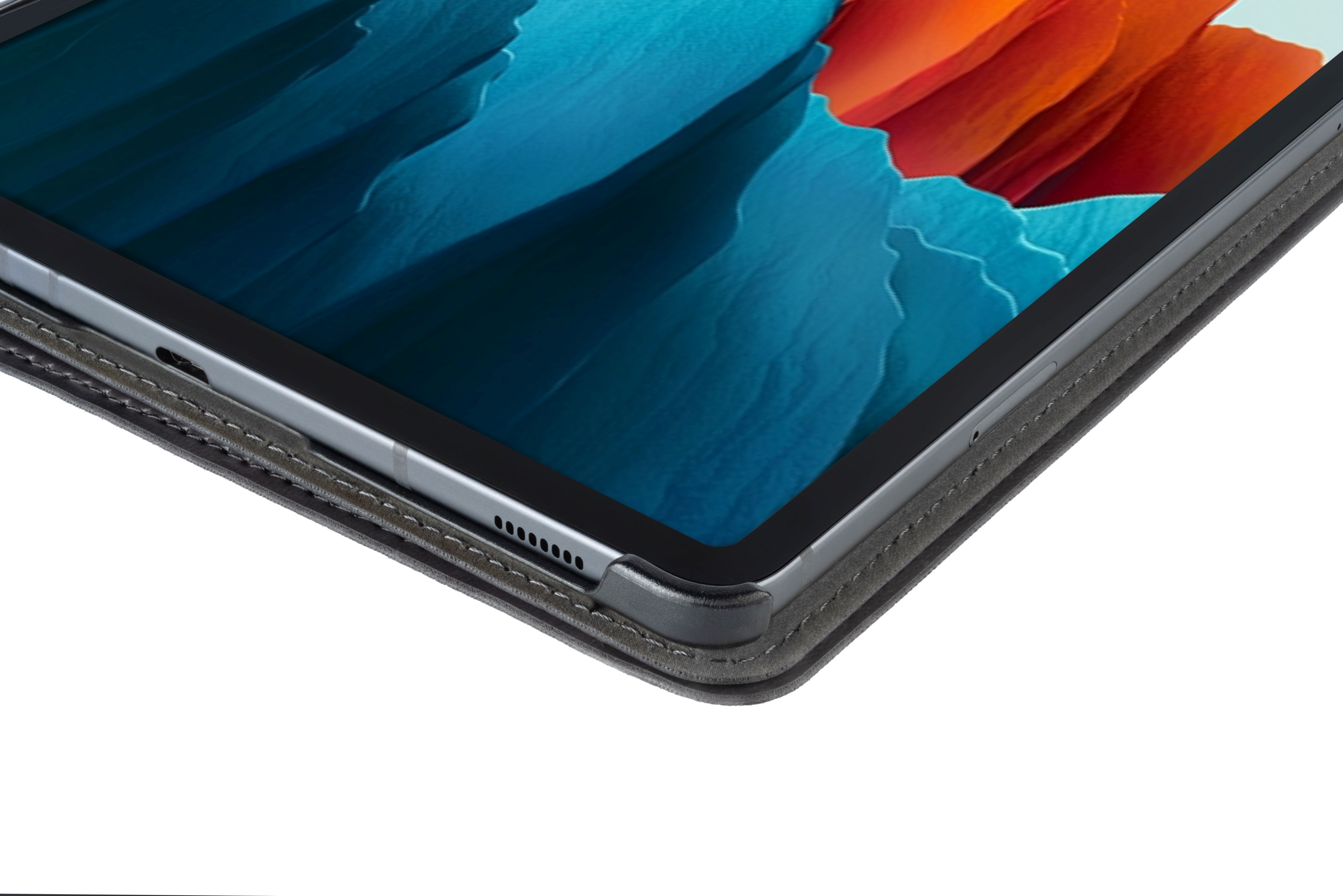 Nahaufnahme eines Tablets in einem grauen Gehäuse. Der Bildschirm ist sichtbar und zeigt den Rand.