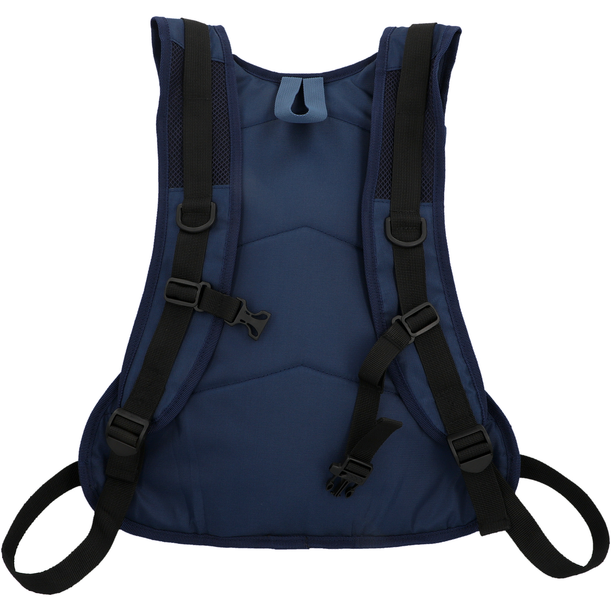 Rucksack. Blauer Stoff mit schwarzen Riemen und Schnallen. Auf Komfort und Funktionalität ausgelegt.