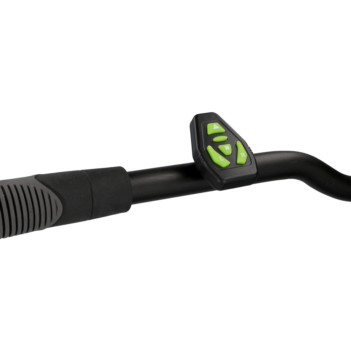 Schwarzer Lenker mit Bedienfeld mit grünen Knöpfen für Blinker.