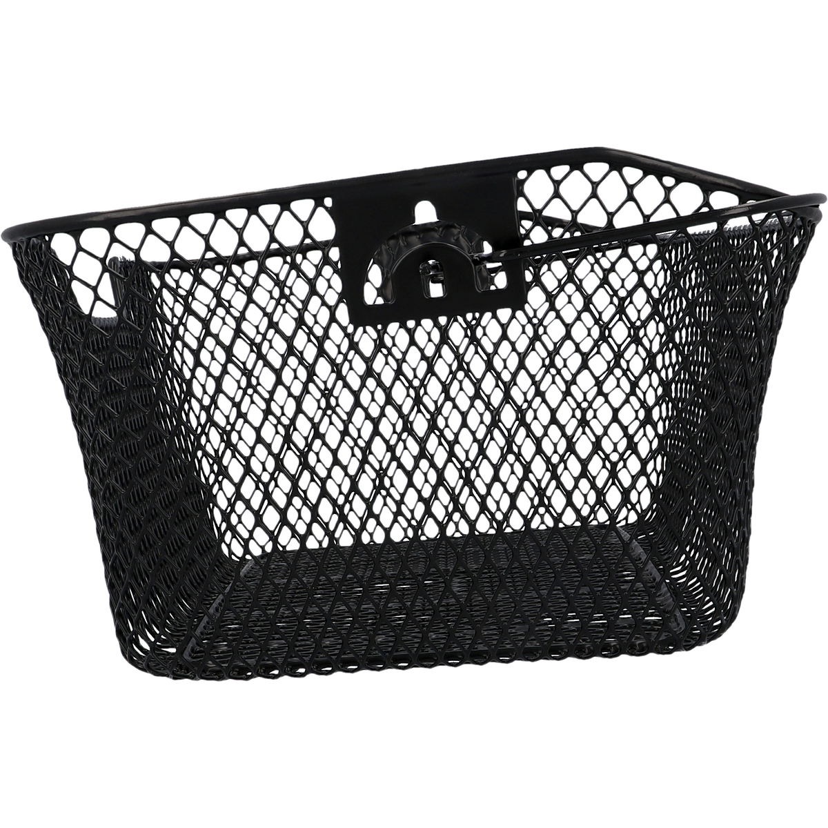 Czarny, druciany koszyk rowerowy, prostokątny kształt, z uchwytem montażowym i zatrzaskiem.