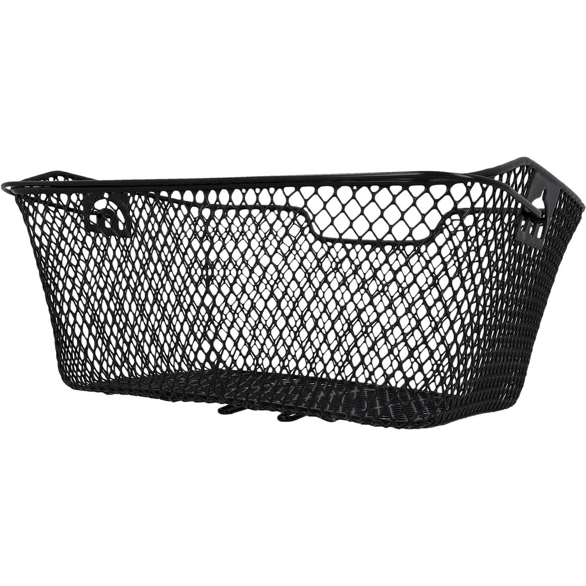 Czarny, druciany koszyk rowerowy, prostokątny kształt, przeznaczony do mocowania do roweru, z systemem montażu.