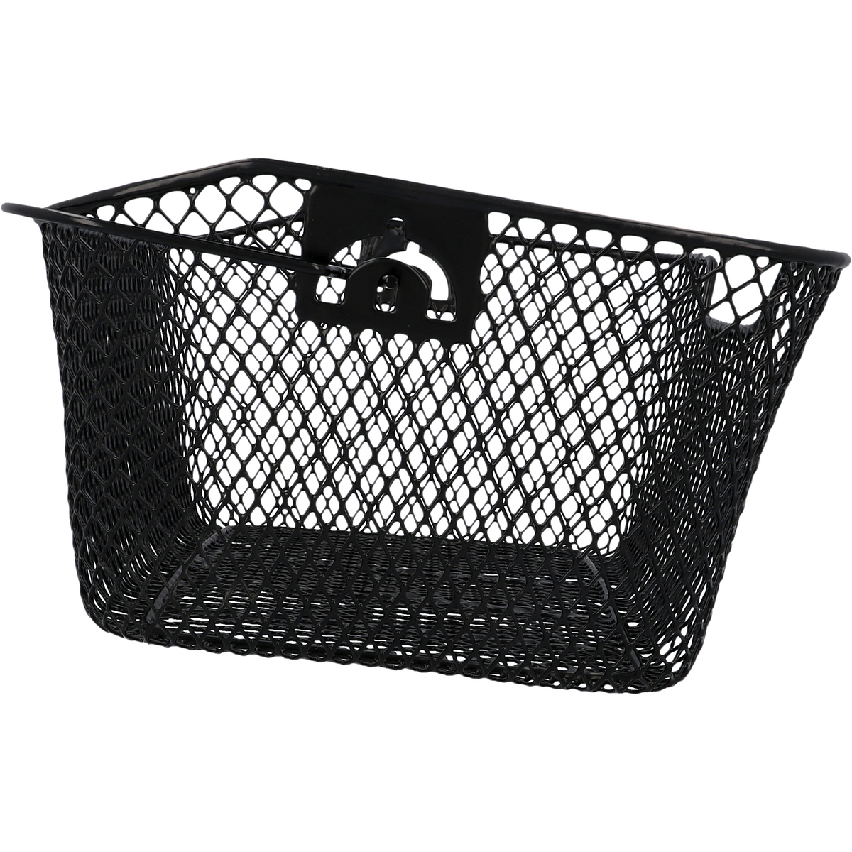 Czarny kosz rowerowy z siatkowym wzorem i uchwytem, ​​izolowany na białym tle.