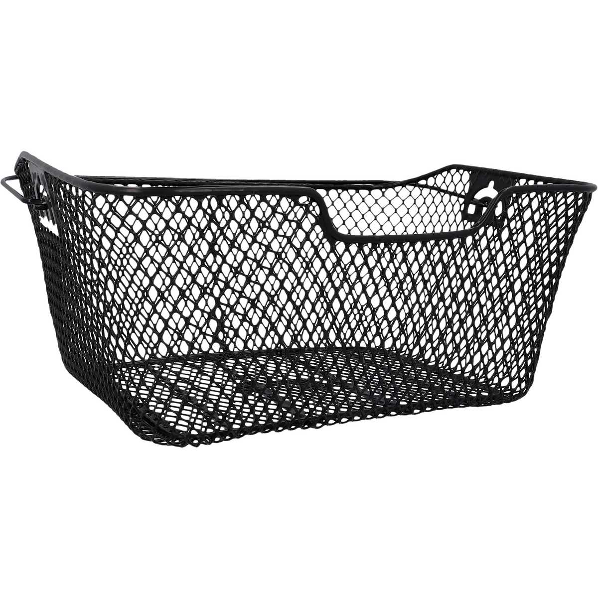 Czarny kosz rowerowy z siatkowym wzorem, izolowany na białym tle.