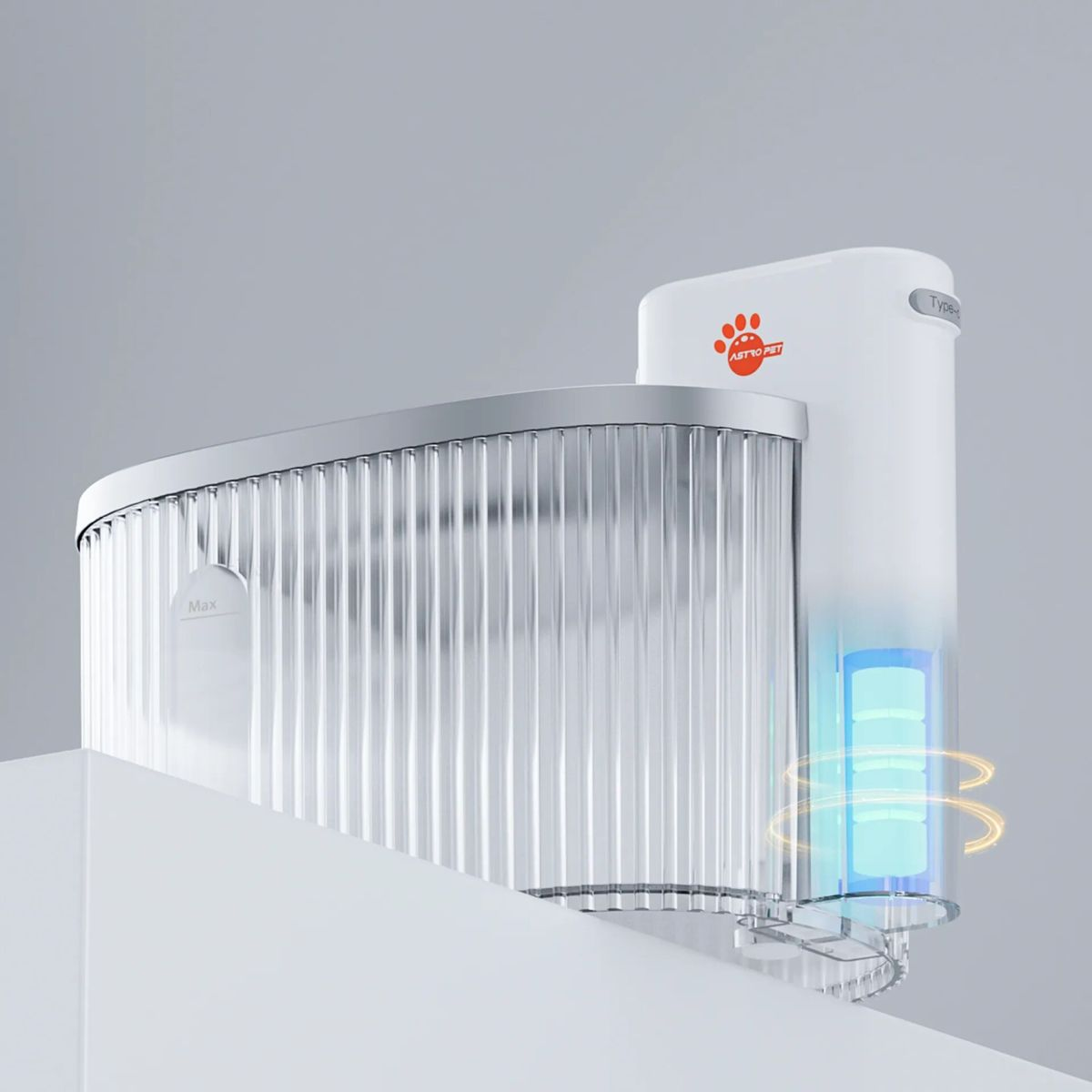 Un distributore di cibo per animali domestici bianco con un contenitore per alimenti trasparente e un serbatoio d'acqua illuminato di blu.