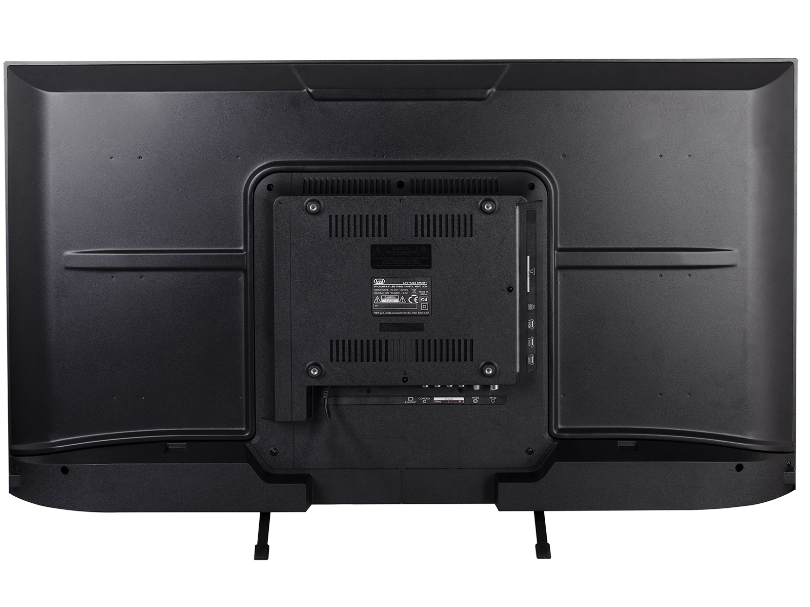 Tył czarnego telewizora. Posiada centralny panel i złącza, z mocowaniami do stojaka.