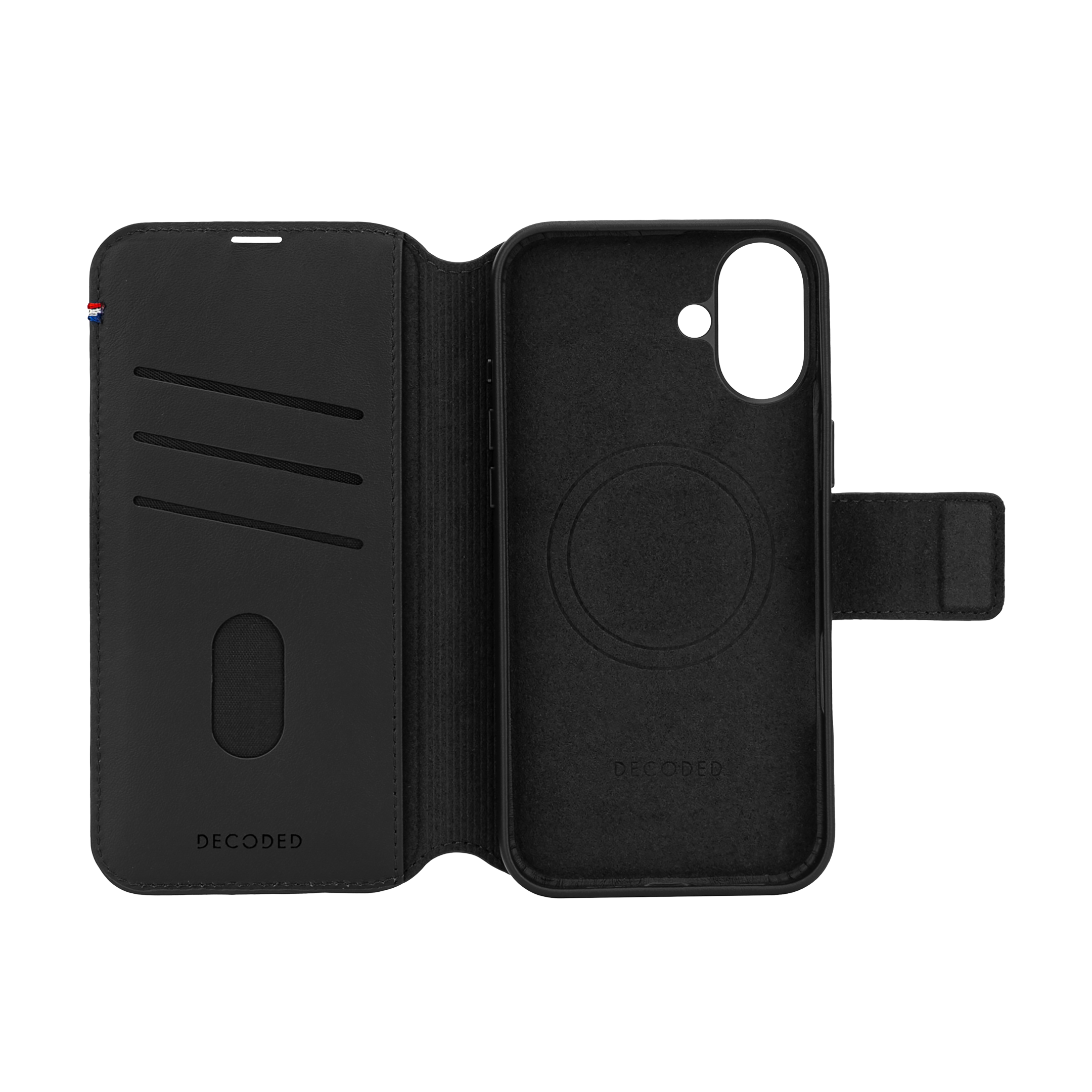 Un étui de téléphone noir avec un design de portefeuille, montrant l'intérieur et l'extérieur.