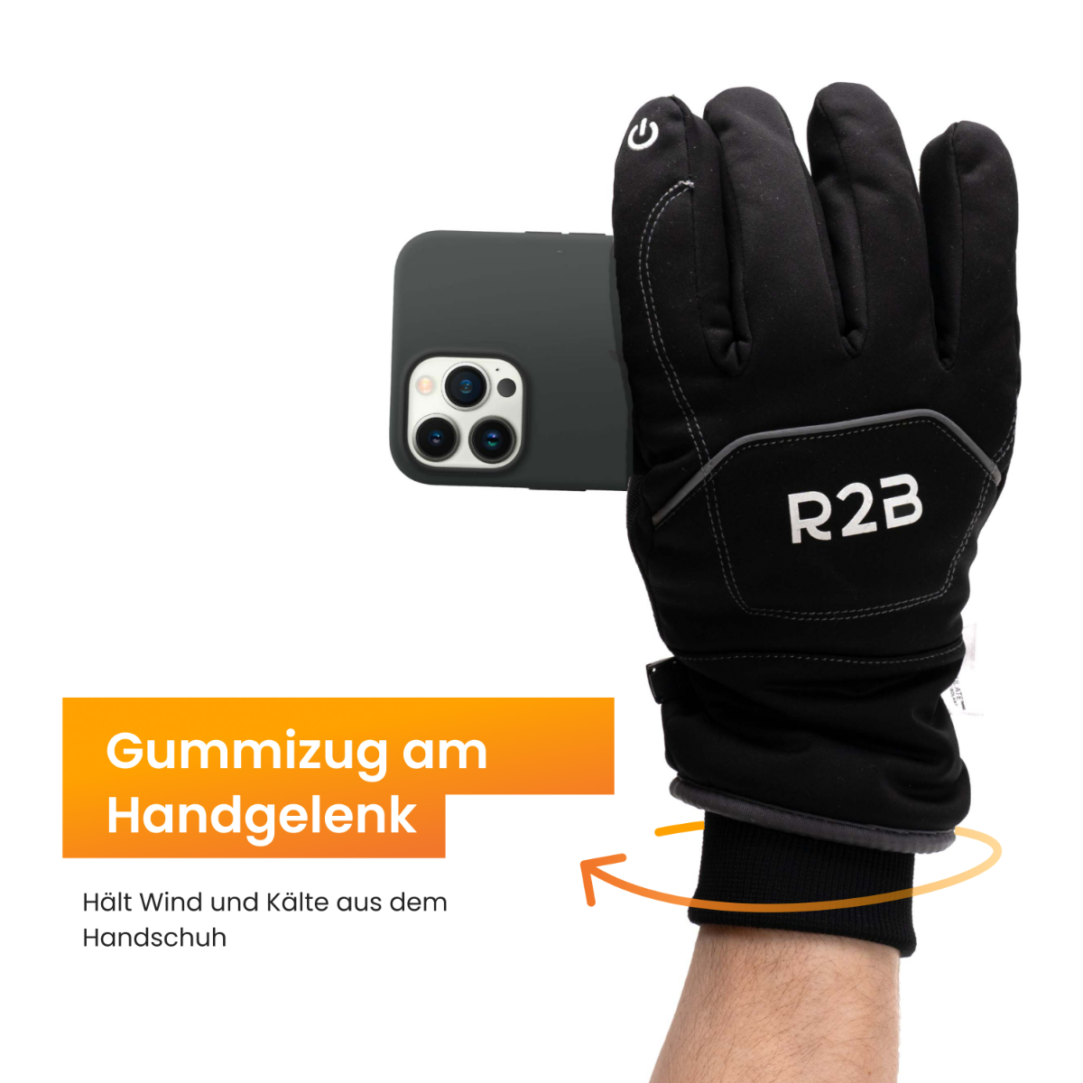 Black glove with the phone. The glove is on a hand. The background is white.