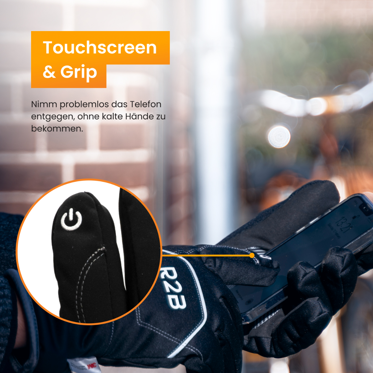 Black touchscreen gloves with a phone. Text: 'Touchscreen & Grip'. A lit power button on the glove is highlighted.