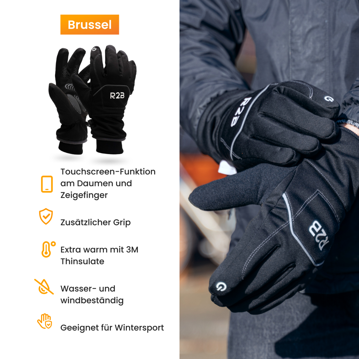 Two black gloves. The gloves are on hands. The background is a person wearing a jacket.