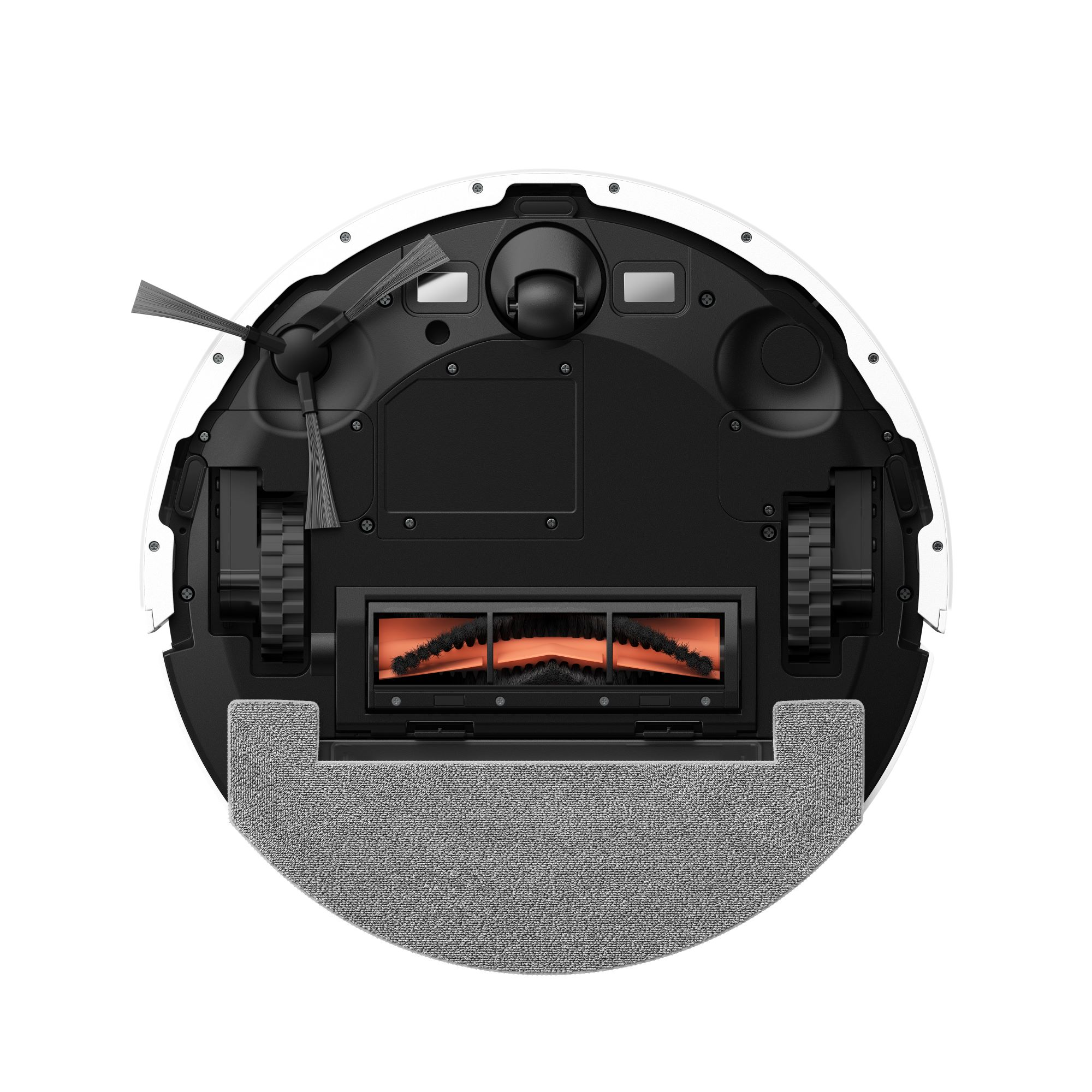 Odkurzacz automatyczny, widok od spodu. Czarno-biały ze szczotkami i kołami.