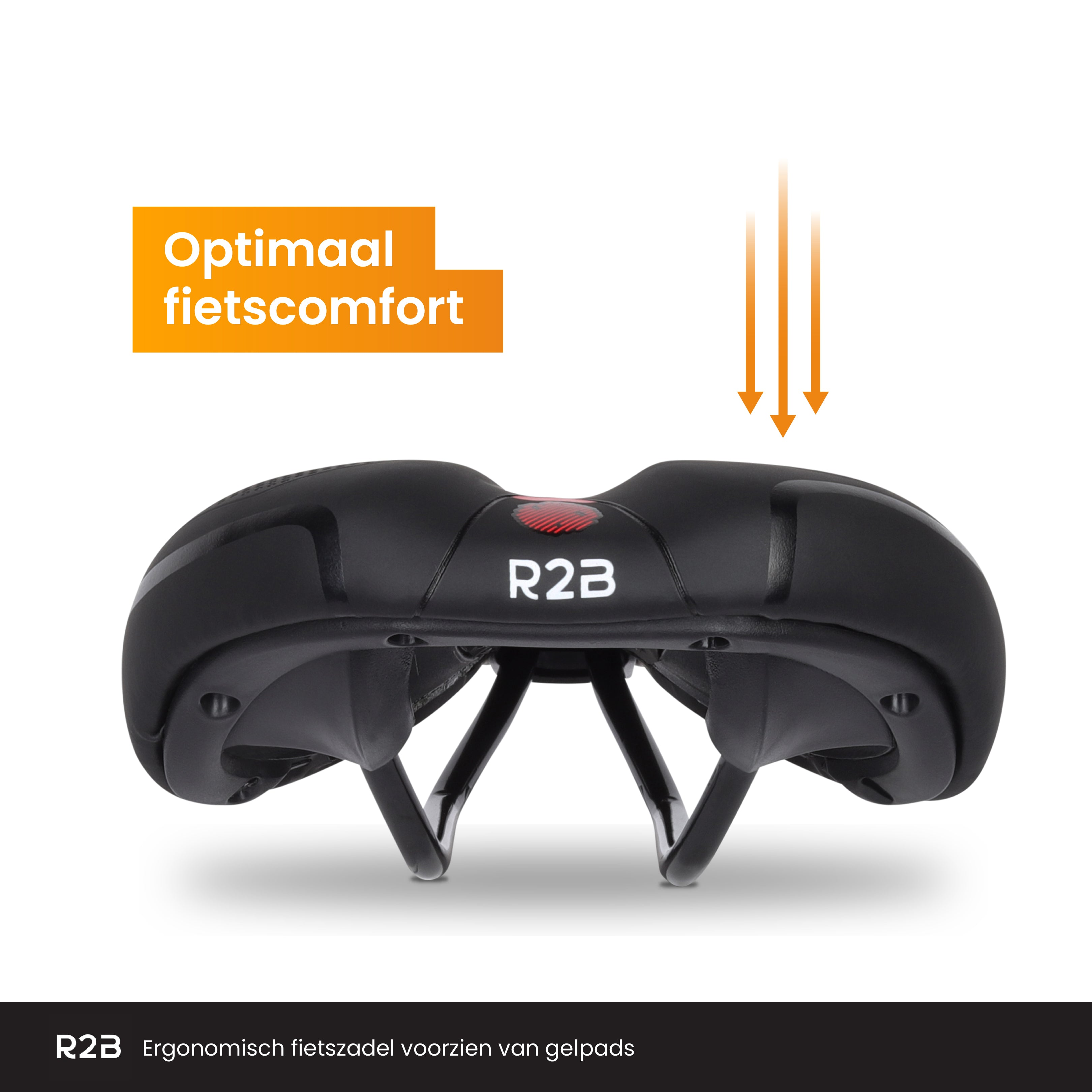 Black bike saddle with red detail and R2B logo. Orange text says 'Optimal fietscomfort'.