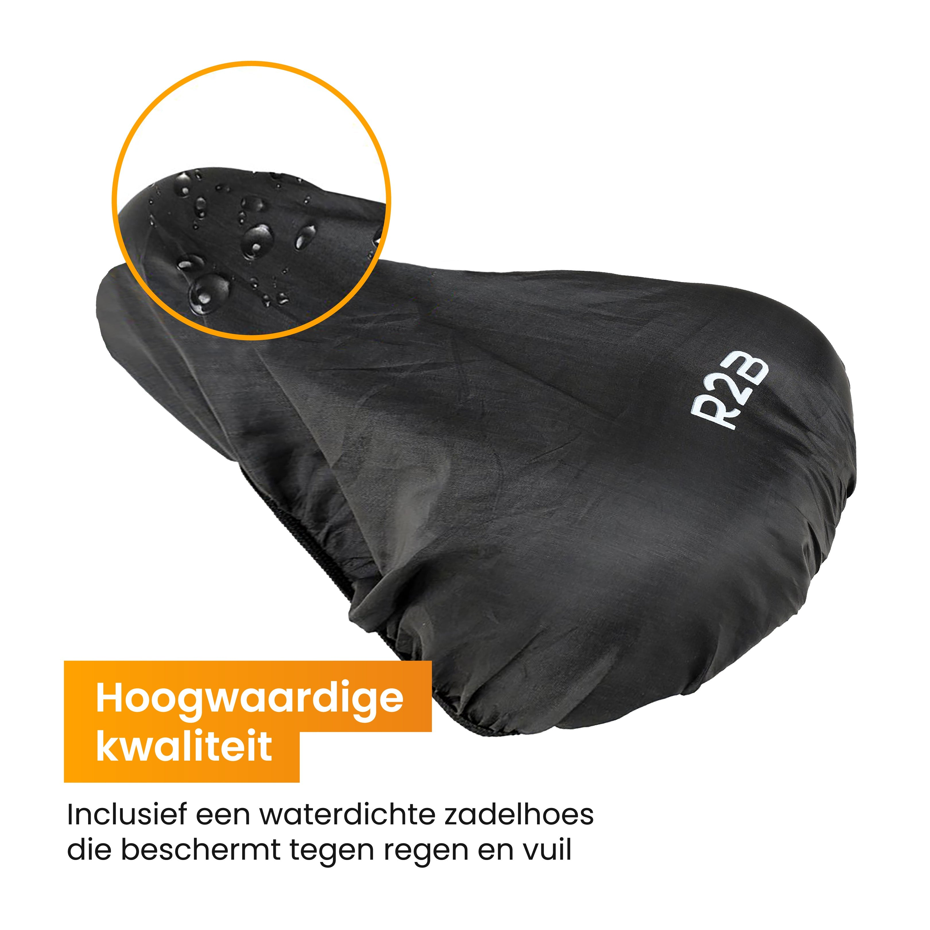 Black bike seat cover. Water droplets. Orange text bubble, white background.