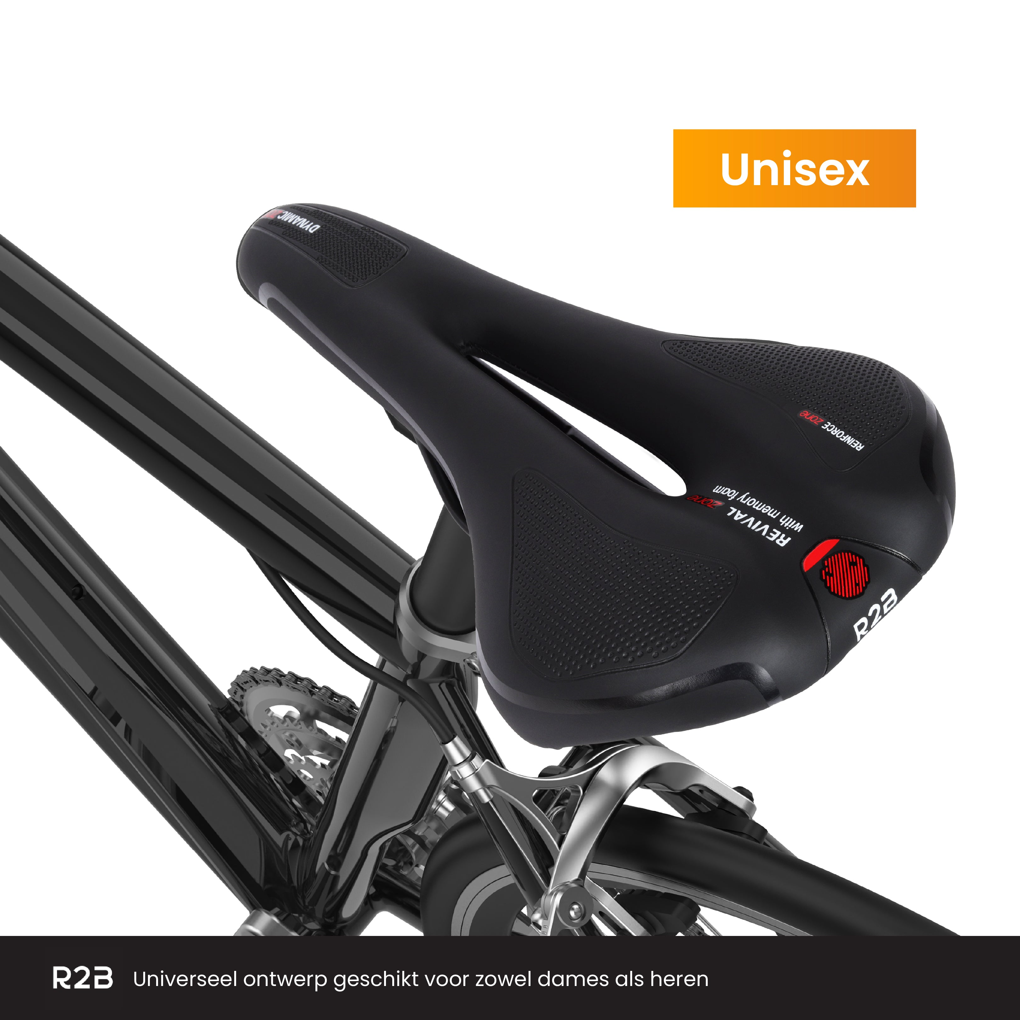 Black bicycle saddle with red accents, mounted on a bike. The word Unisex is also visible.