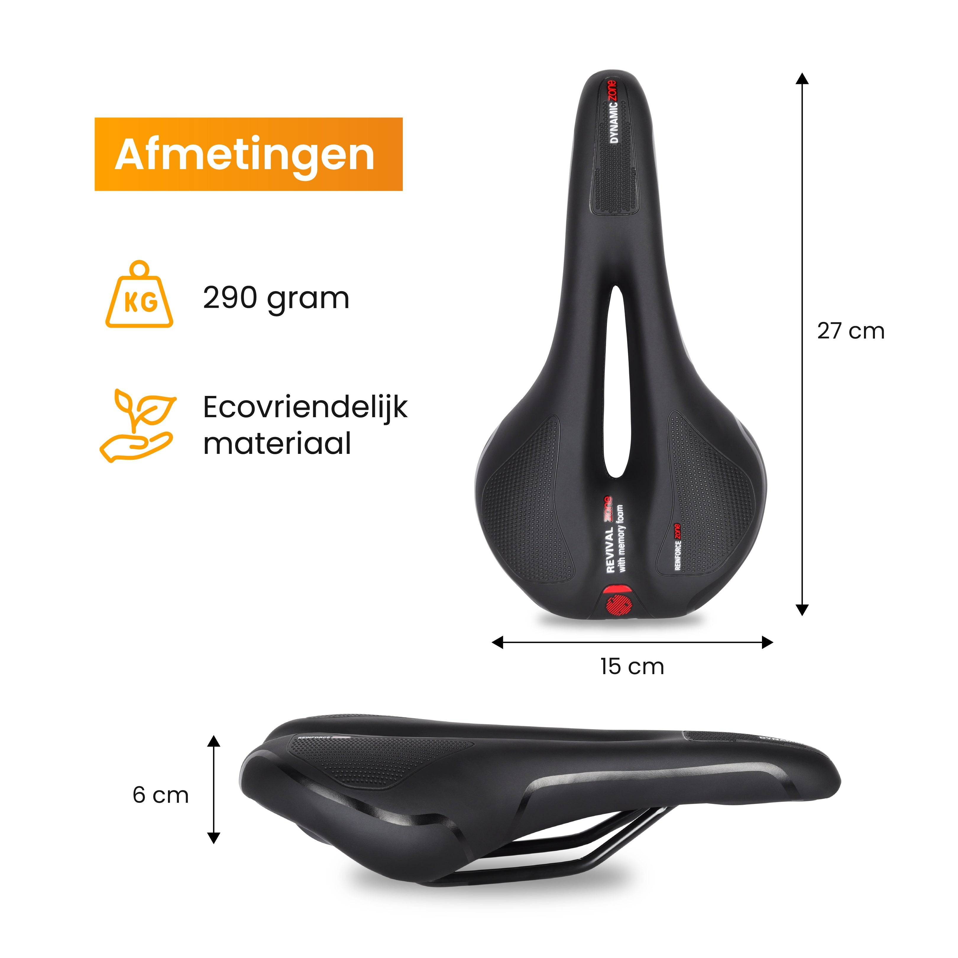 Black bicycle saddle with dimensions. Shows length, width and height.