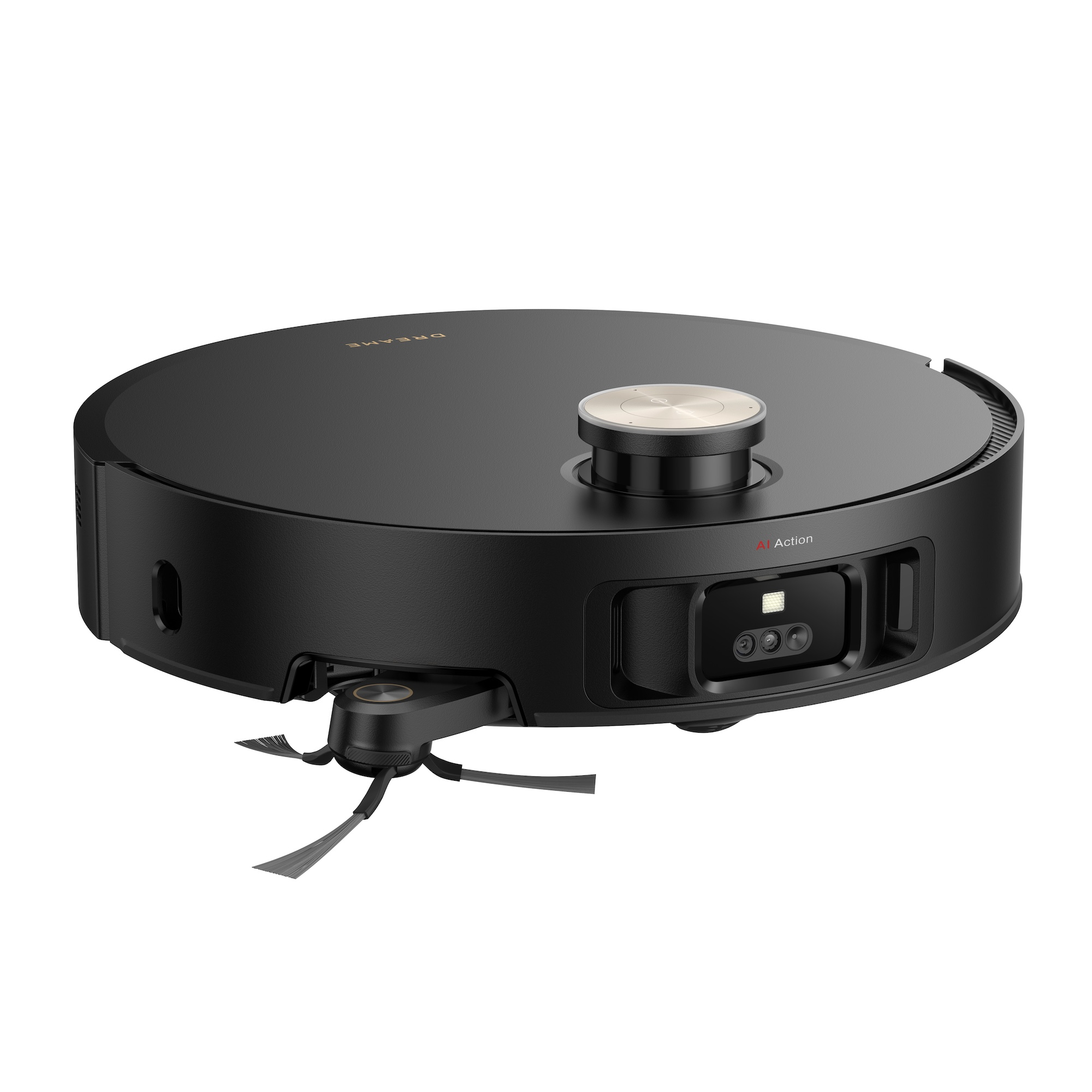 Czarny odkurzacz robot z okrągłym designem. Białe tło.