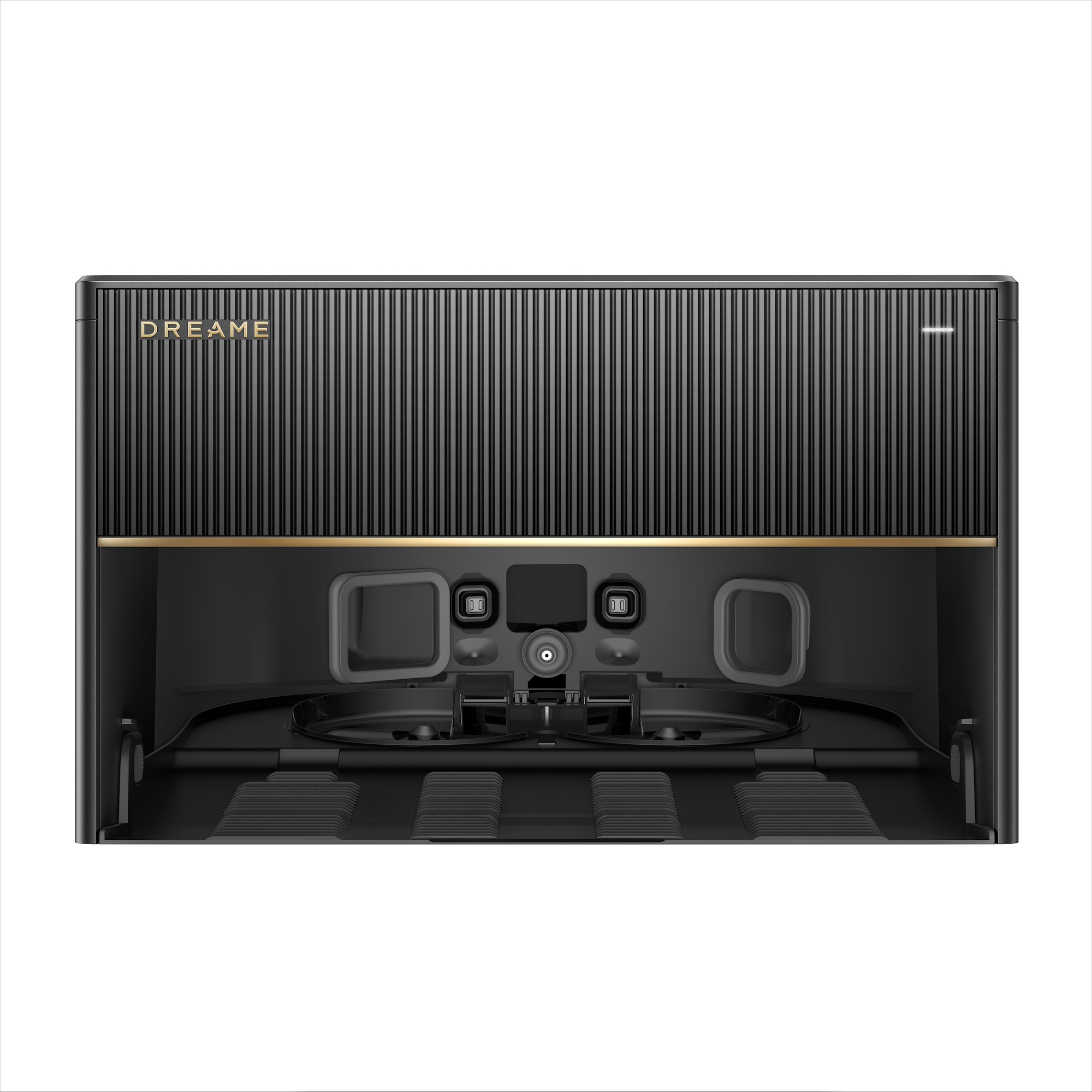 Czarno-złoty robot odkurzający Dreame z widocznymi elementami wewnętrznymi.