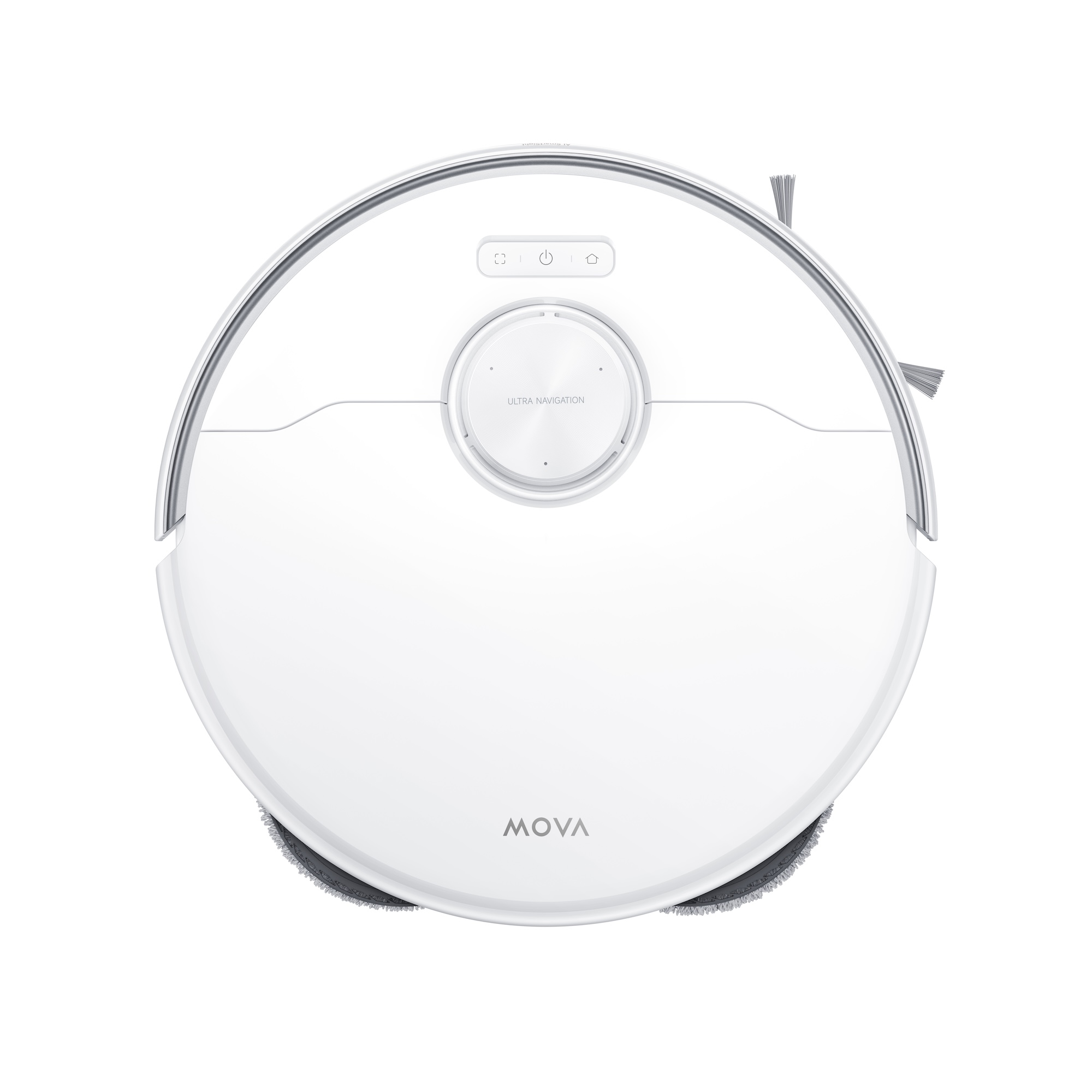 Biały odkurzacz robot MOVA, widok z góry. Ma okrągły kształt z przyciskami i szczotką.
