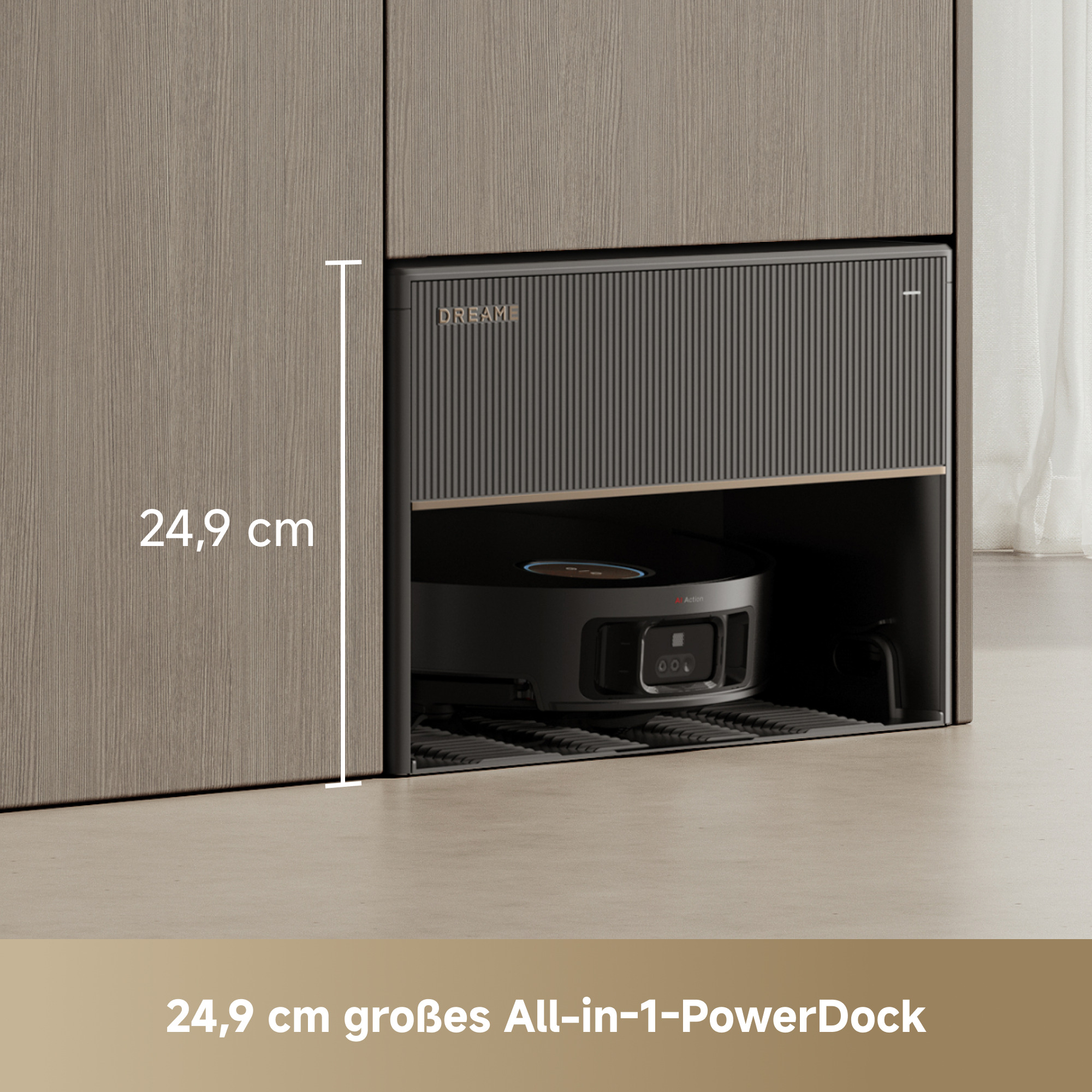 Ein grauer Roboter-Staubsauger in einem Schrank mit Ladestation und einer Messung von 24,9 cm.