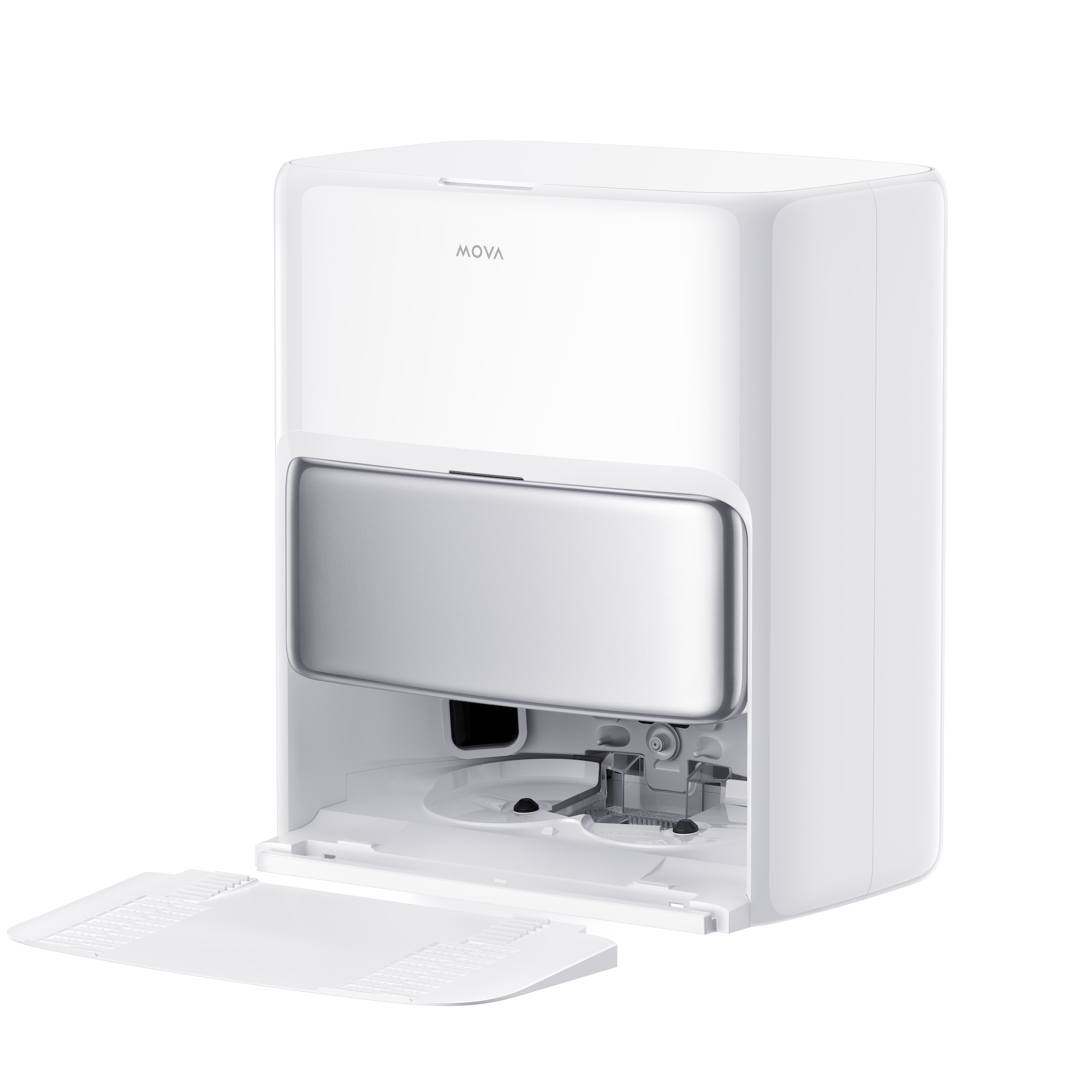 Biały robot sprzątający z otwartą komorą. Zawiera wyjmowaną tacę. Białe tło.