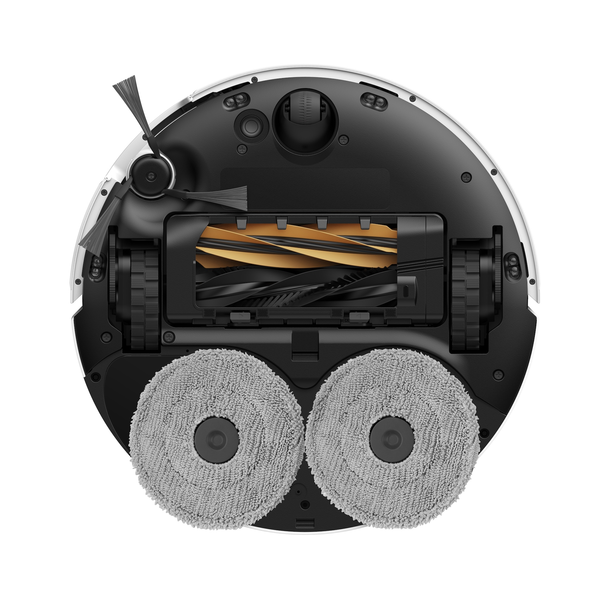 Widok od spodu okrągłego robota odkurzającego ze szczotkami, kołami i nakładkami do mopowania.