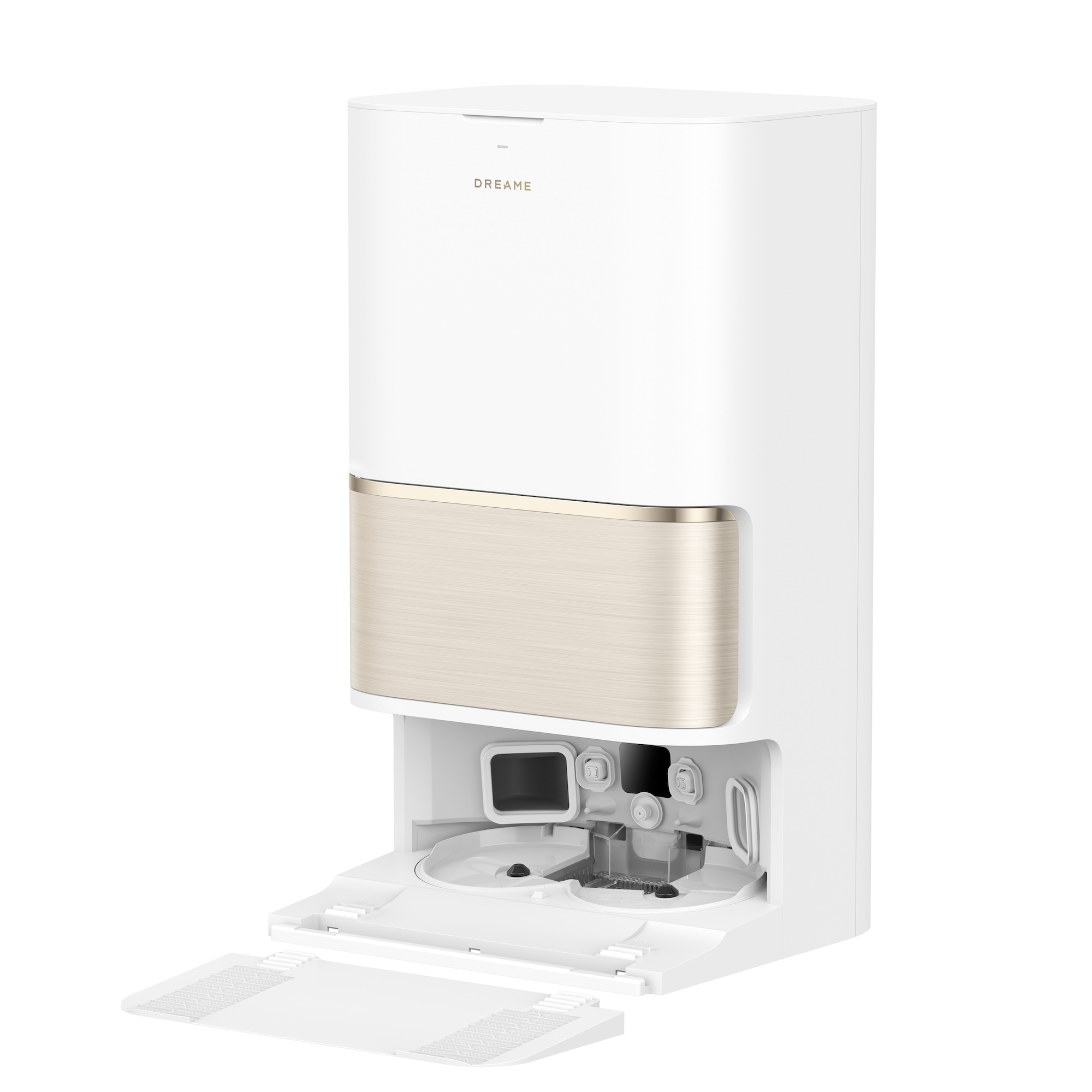 Biały i złoty odkurzacz robot Dreame z otwartym pojemnikiem na kurz.