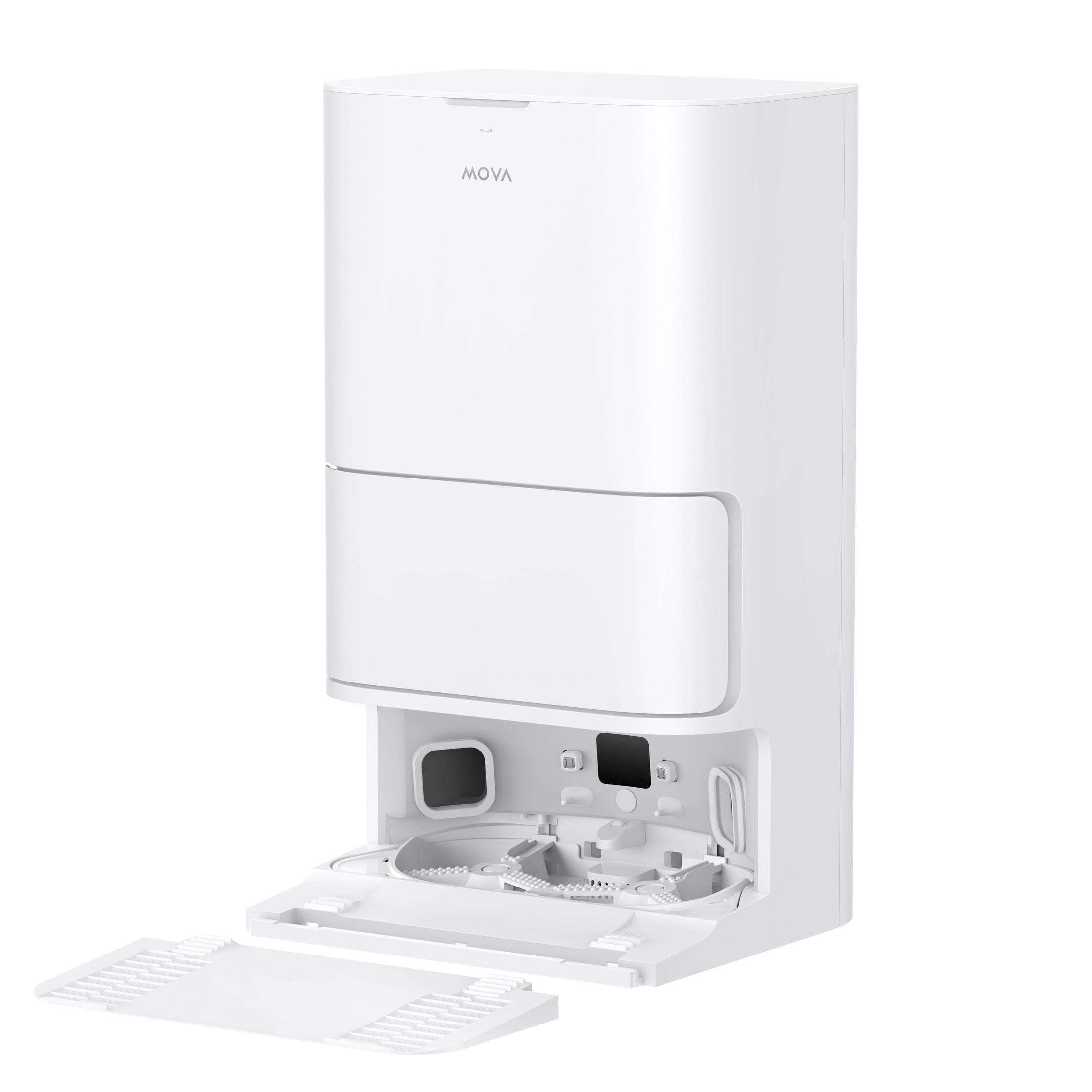 Biała podstawa robota odkurzacza z otwartą komorą, otwarte białe drzwi i logo MOVA.