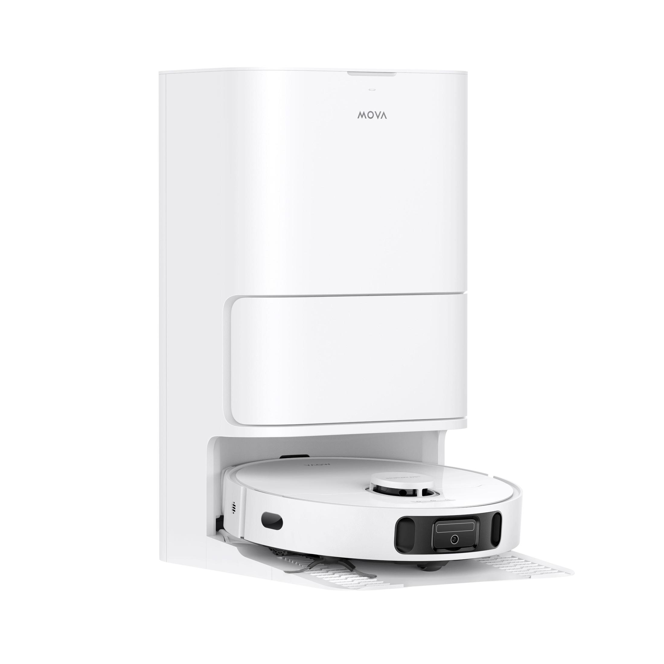 Biały odkurzacz robot z stacją ładującą, widoczne logo MOVA.