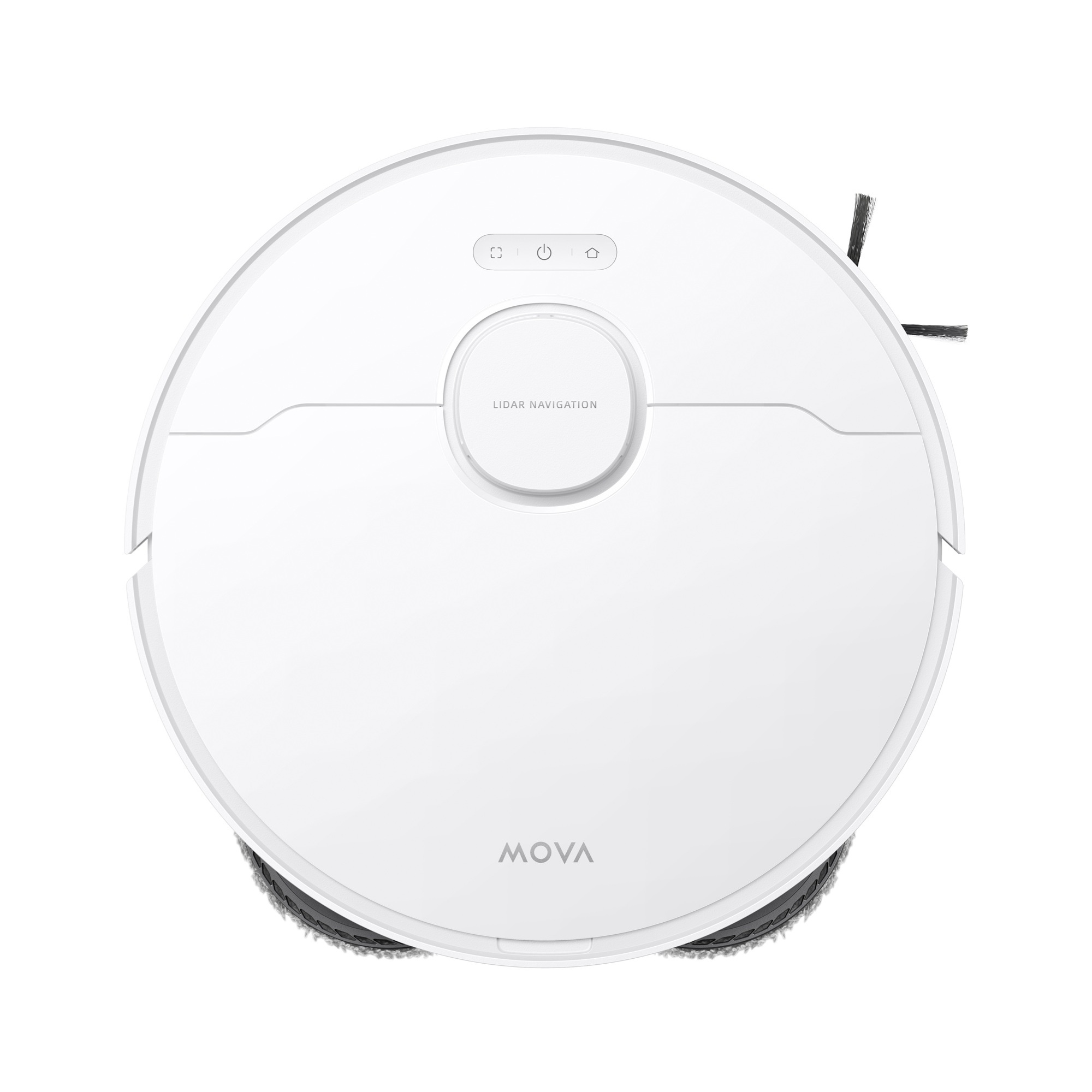 Widok z góry na biały, okrągły odkurzacz automatyczny. Posiada centralny przycisk i dwie szczotki boczne.