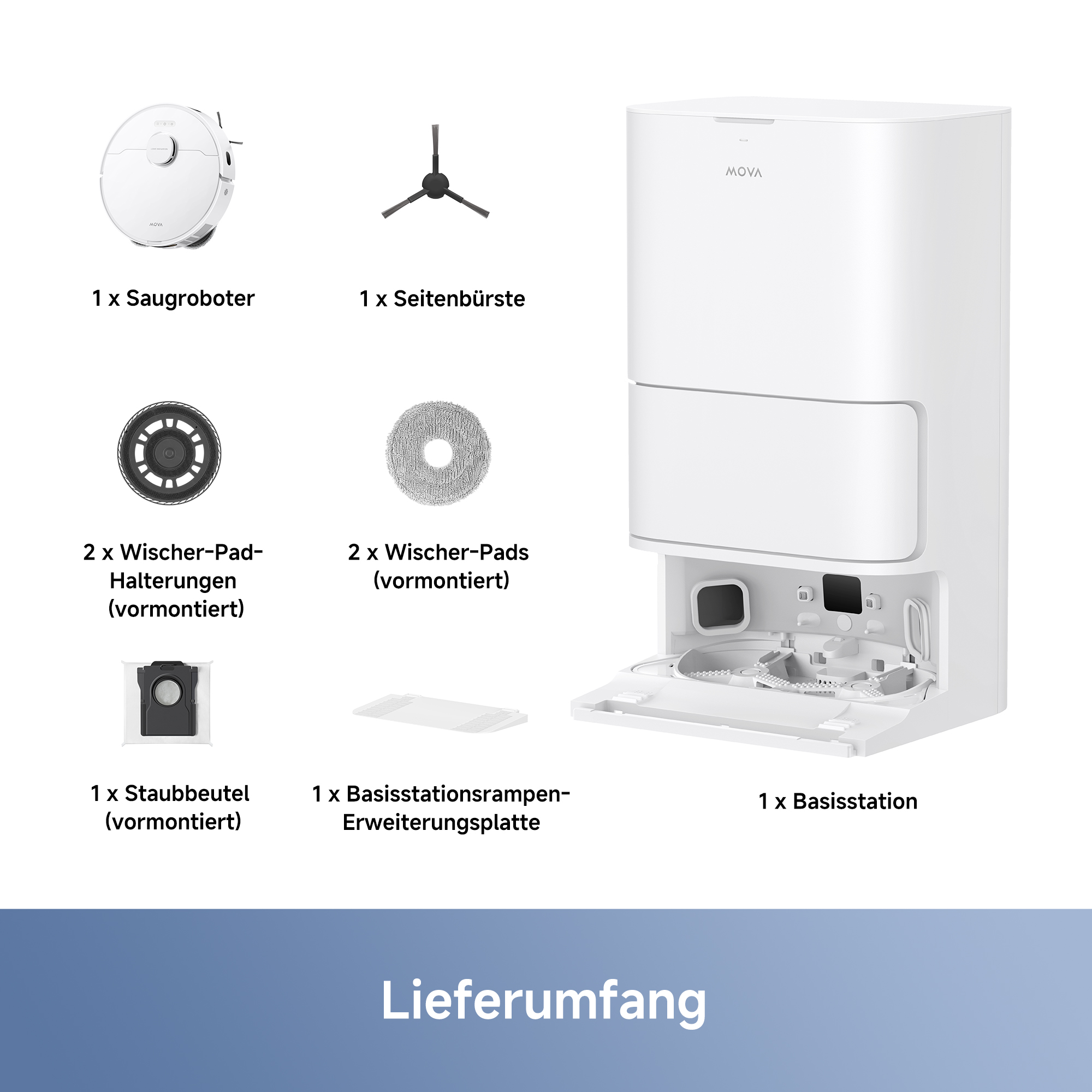Roboter-Staubsauger, Seitenbürste, Wischpads, Staubbeutel und Komponenten der Basisstation.
